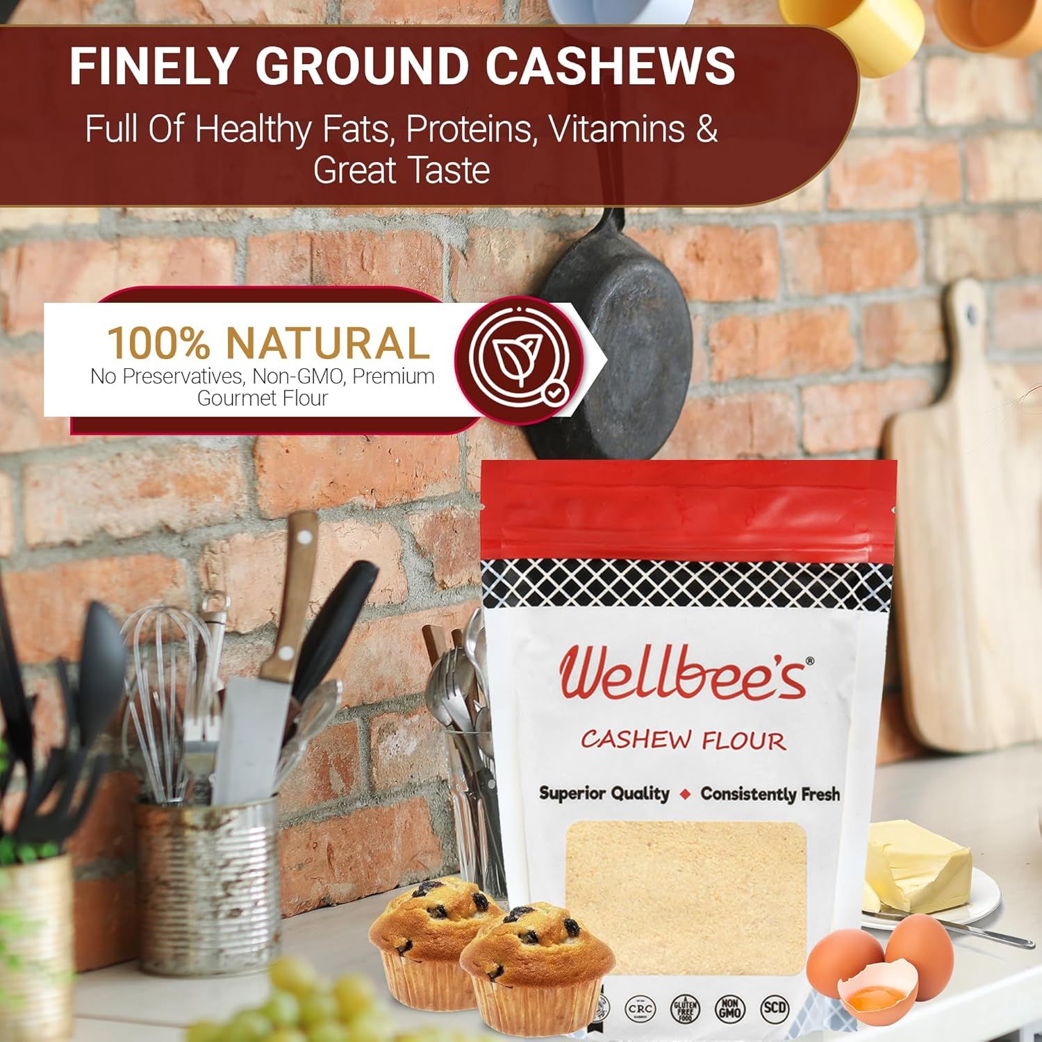 Communicates multiple selling points of the cashew flour including its nutritional content (healthy fats, proteins, vitamins), natural composition (no preservatives, non-GMO), and quality attributes…