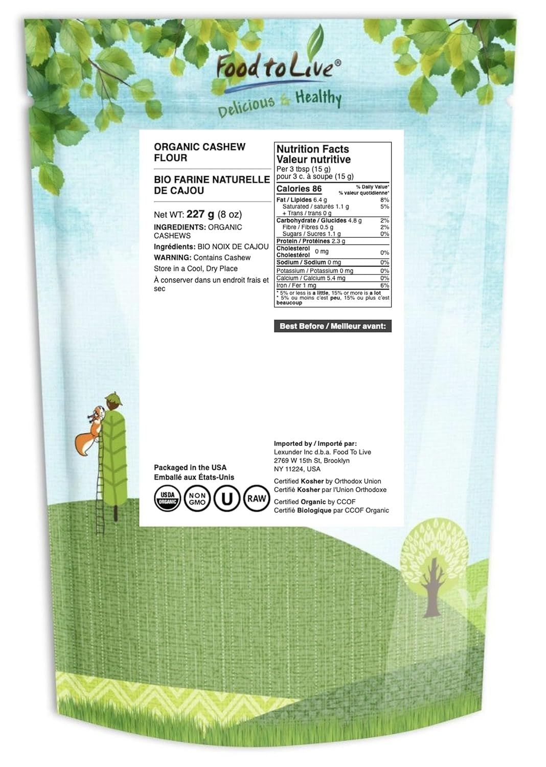Displays the back of the product packaging showing nutrition facts, ingredients, certifications, and brand information for shopper reference.