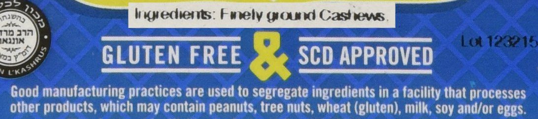Communicates that the product is gluten-free and SCD-approved, while providing allergen safety information to reassure shoppers with dietary restrictions or sensitivities.