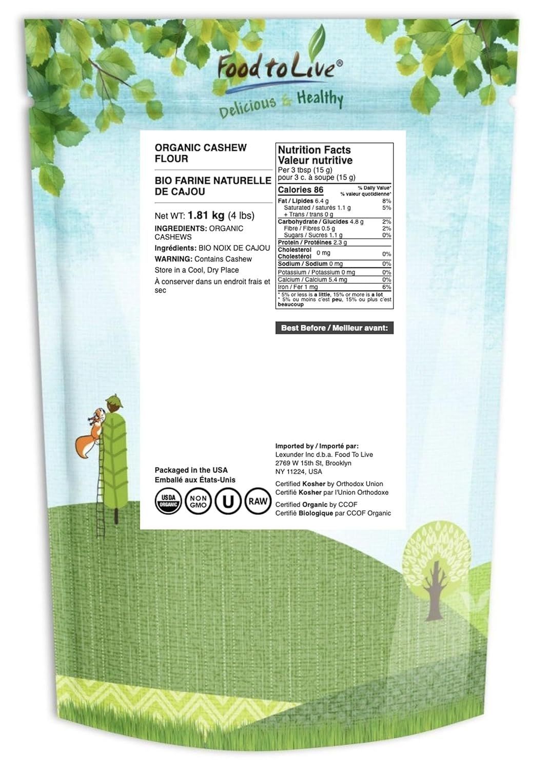 Communicates the product's organic, non-GMO, kosher, and raw certifications to reassure health-conscious shoppers about quality and safety standards.