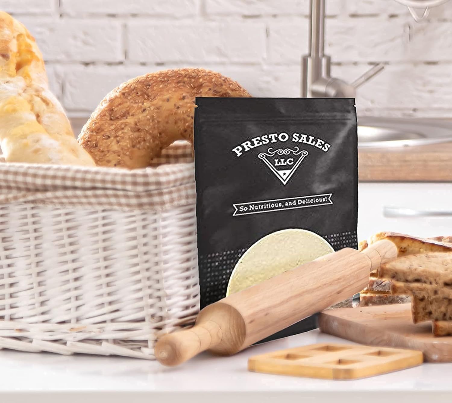Showcases the product in an authentic kitchen environment with baking elements to help shoppers visualize the product in their own home and understand its use case.
