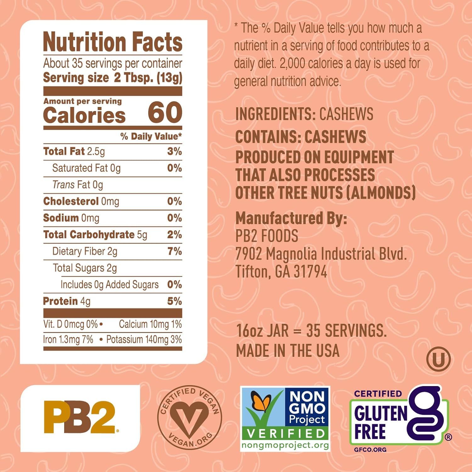Communicates multiple product benefits including detailed nutrition facts, vegan certification, non-GMO verification, and gluten-free certification to reassure health-conscious shoppers about the…