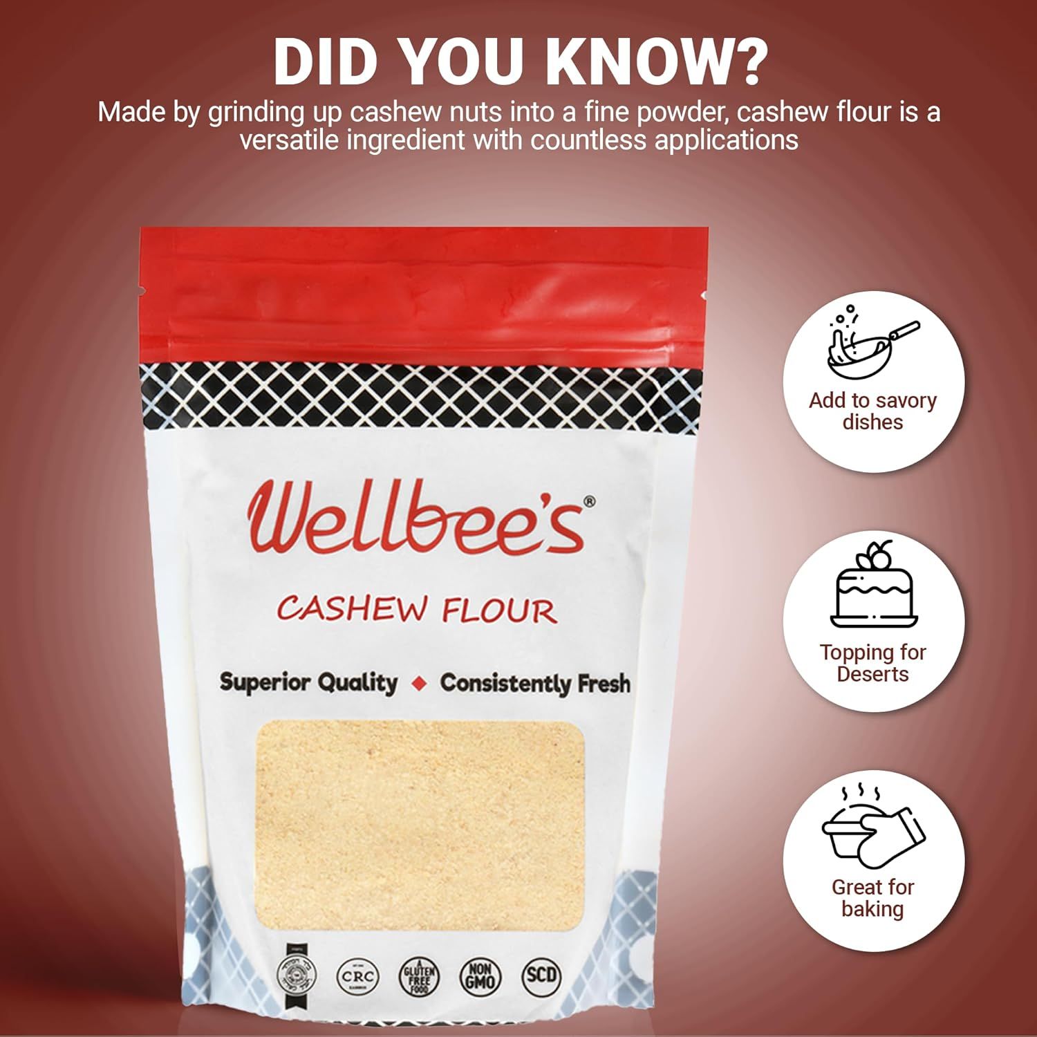 Demonstrates the versatility of cashew flour by showing three distinct culinary applications, helping shoppers understand the product's multiple uses in cooking and baking.