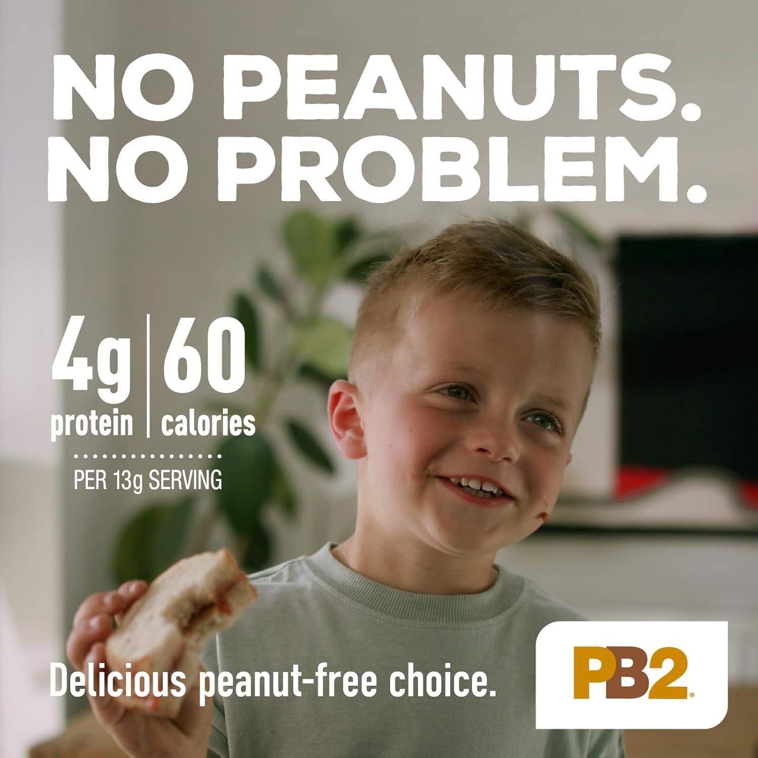 Communicates the nutritional value of the product with specific metrics (4g protein, 60 calories per serving) to reassure health-conscious parents that it's a nutritious peanut-free option.…