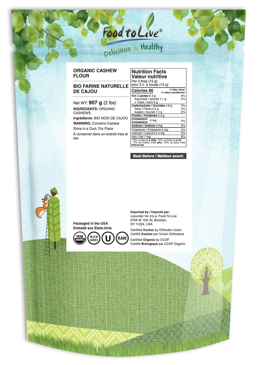 Communicates the product's organic, non-GMO, kosher, and raw certifications to reassure health-conscious shoppers about quality and safety standards.