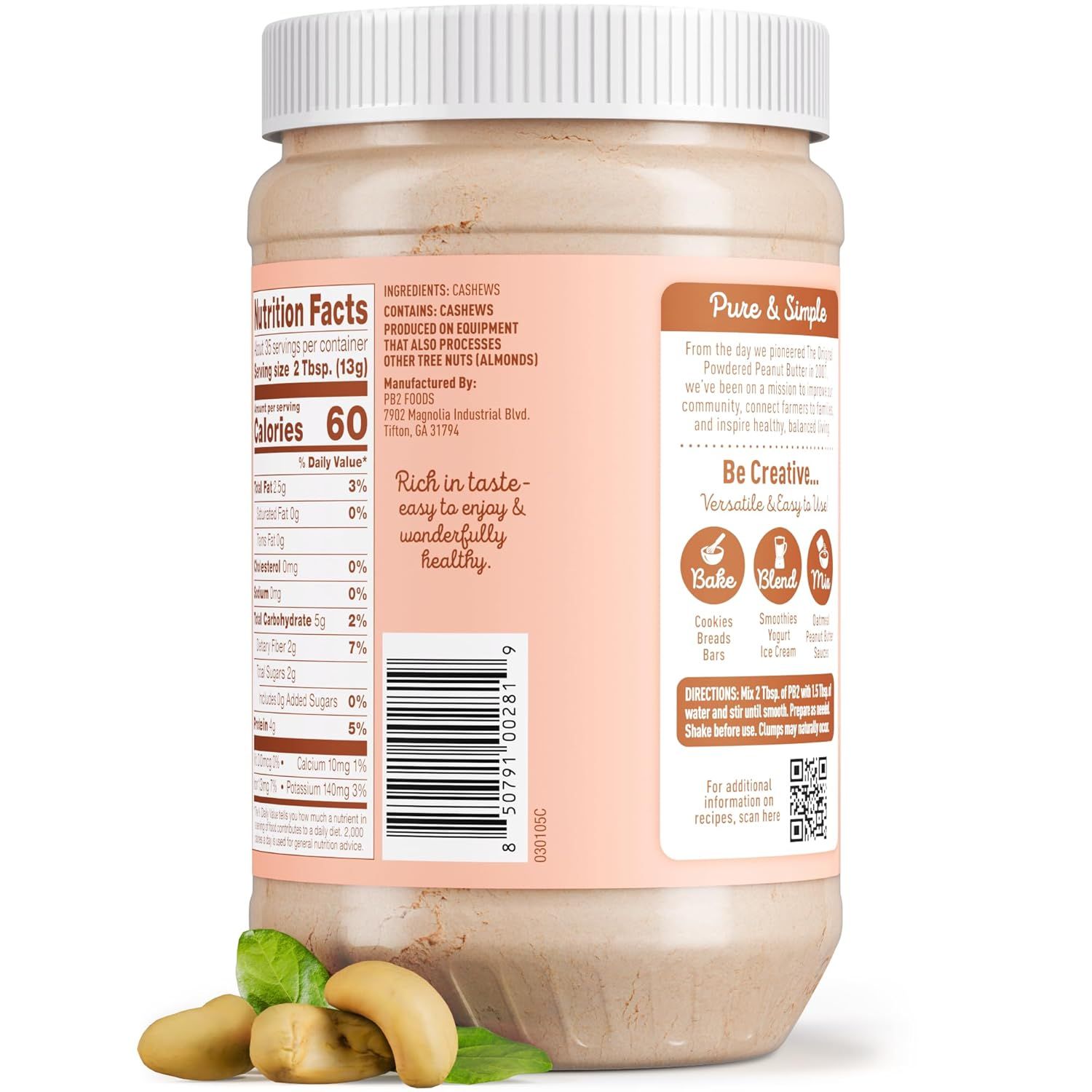 Communicates multiple selling points of the cashew butter: its simple ingredient list, versatility across multiple uses (baking, blending, dipping), and health benefits, all organized in distinct…