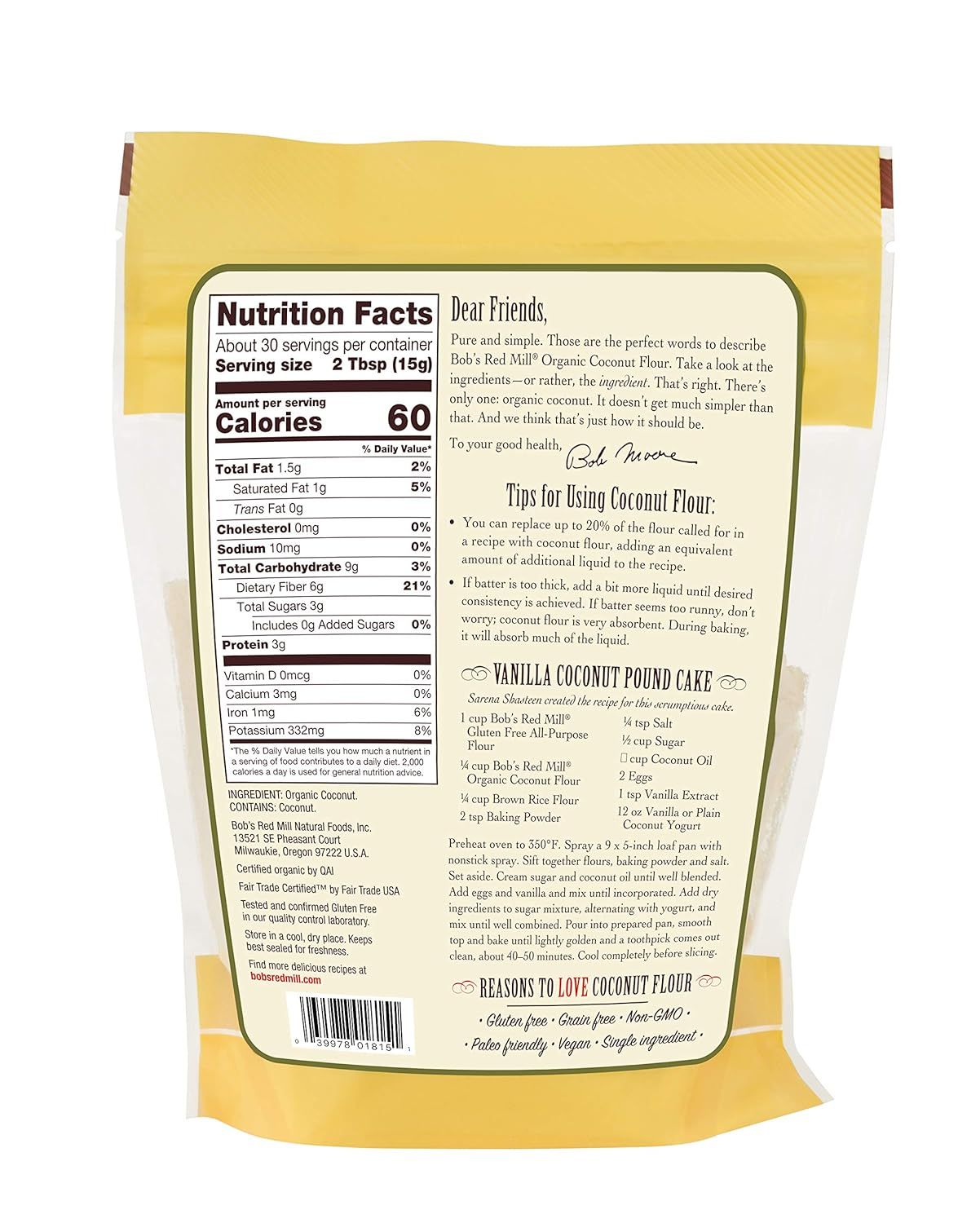 Communicates multiple health and dietary benefits of the coconut flour to appeal to shoppers with various dietary preferences and restrictions.