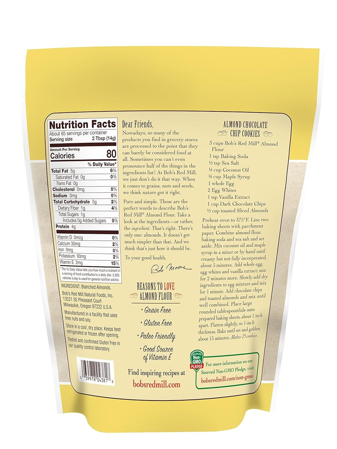 Communicates multiple distinct health and dietary benefits of the almond flour to appeal to shoppers with specific dietary preferences and nutritional priorities.