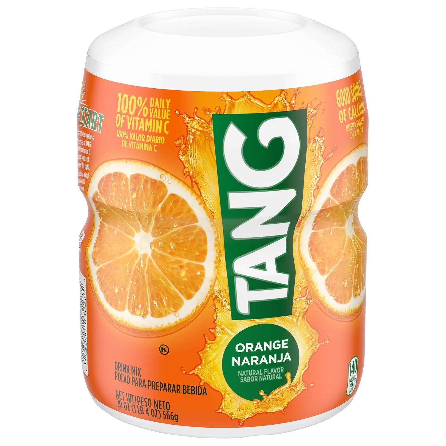 Provides a clean, catalog-style view of the Tang Orange drink mix container on a white background, allowing shoppers to see the product packaging clearly without distractions.
