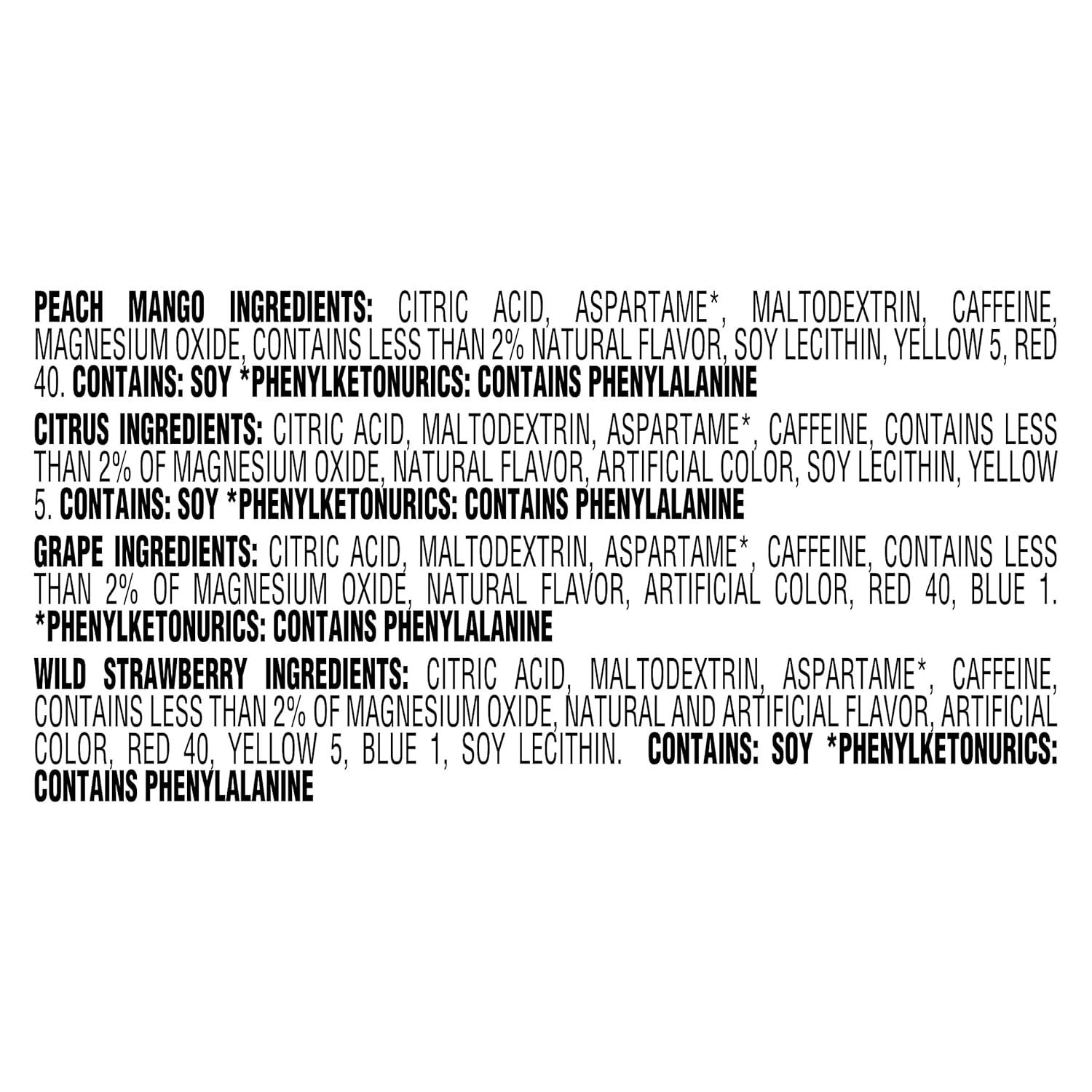Displays the ingredient lists for multiple flavor variants of the same product line, helping shoppers understand the different options available and compare ingredients across flavors.