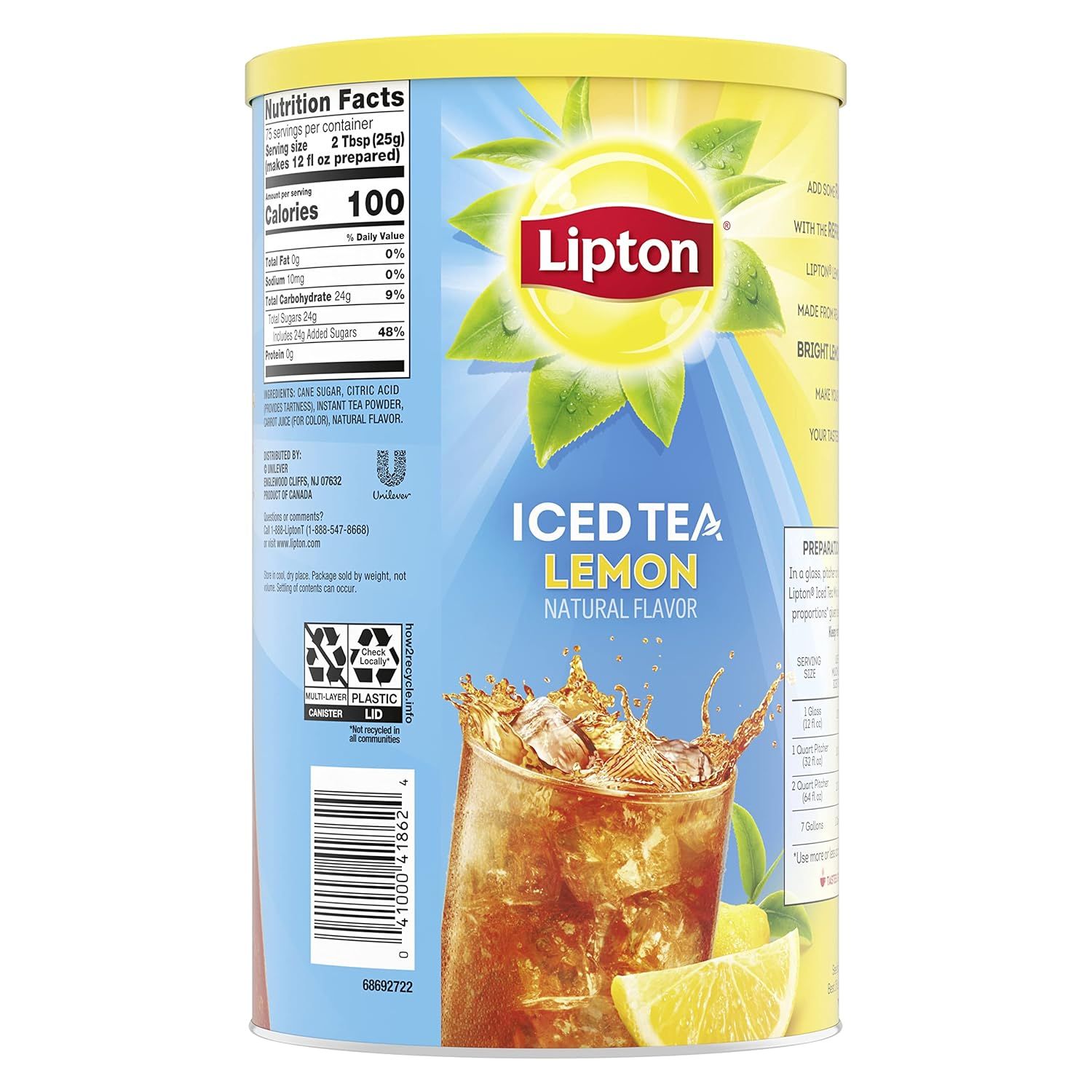 Provides a clean, catalog-style view of the Lipton Iced Tea Lemon canister showing the product packaging, branding, nutrition facts, and flavor clearly for shoppers to understand what they're…