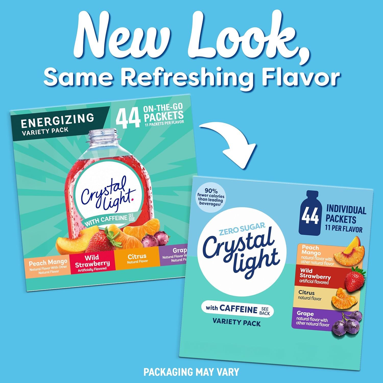 Communicates a packaging redesign to shoppers while reassuring them that the product formula and flavor remain unchanged. Shows the variety pack options available.