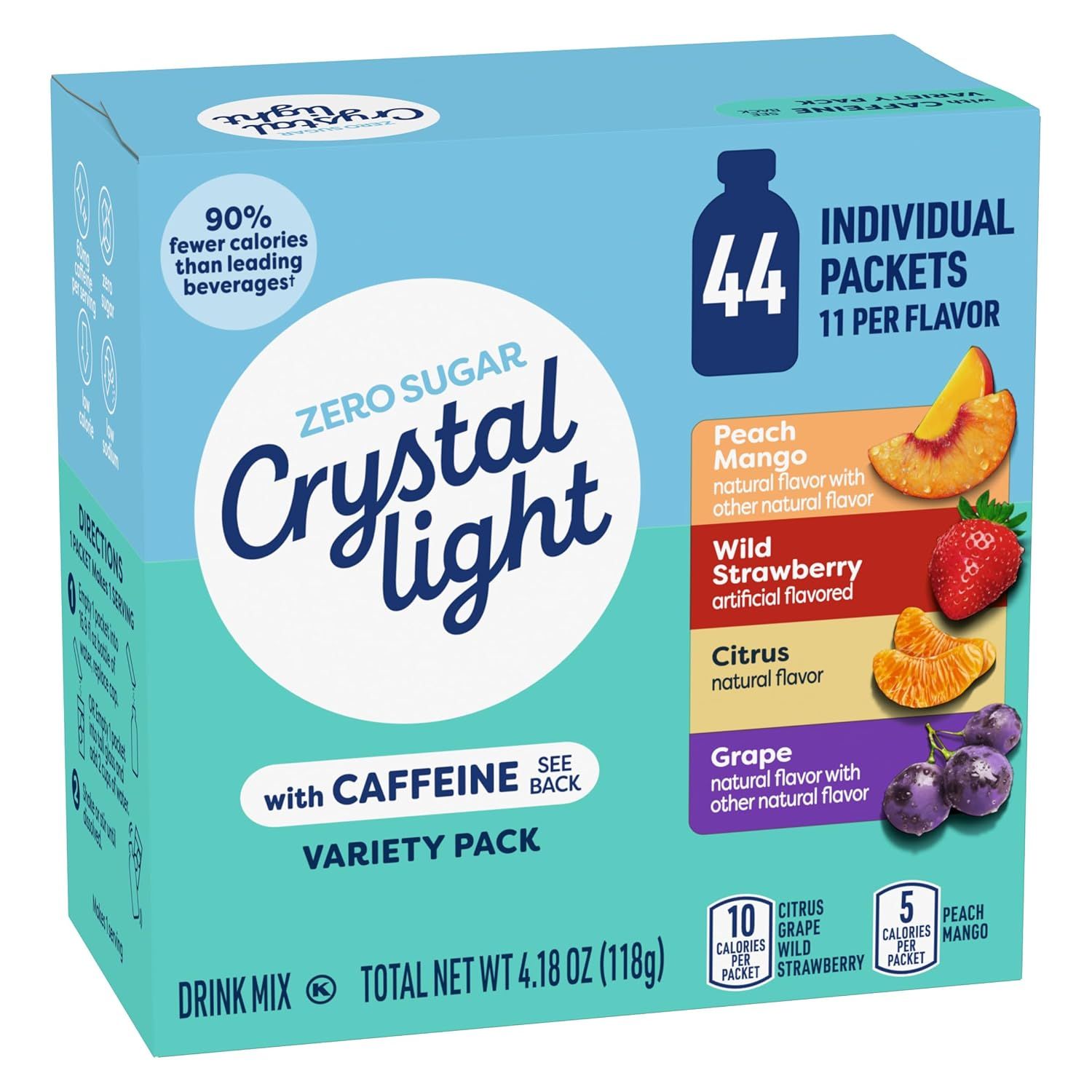 Shows the customer exactly what they receive in the variety pack: 44 individual packets with 11 of each of the 4 flavors (Peach Mango, Wild Strawberry, Citrus, and Grape).