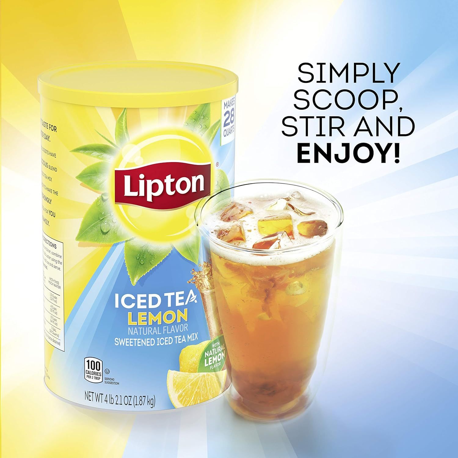 Communicates the simple three-step preparation process (scoop, stir, enjoy) to reassure shoppers that making iced tea with this product is quick and effortless. Highlights the convenience and…