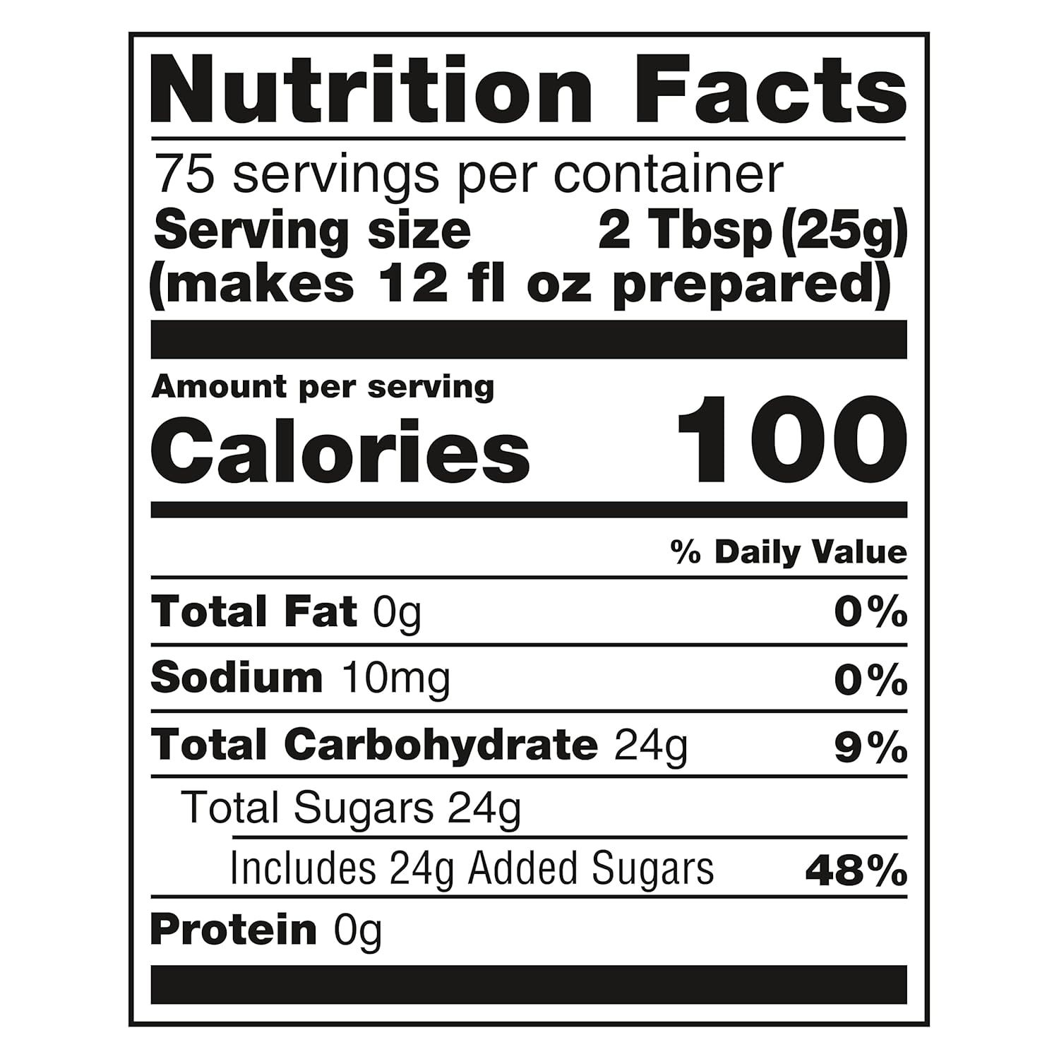 Communicates key nutritional metrics to inform shoppers about serving count, calorie content, and health-conscious attributes like zero fat and low sodium.
