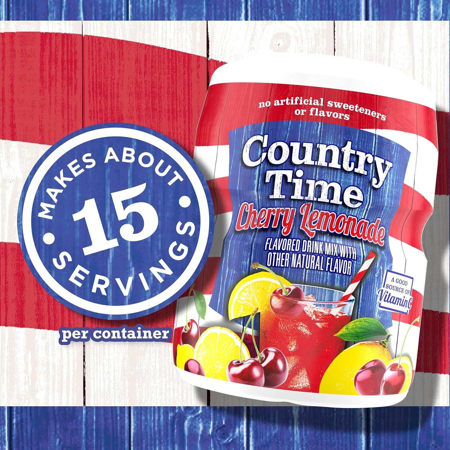 Communicates the quantity value of the product by prominently displaying that the container makes 15 servings, helping shoppers understand the product's capacity and value.