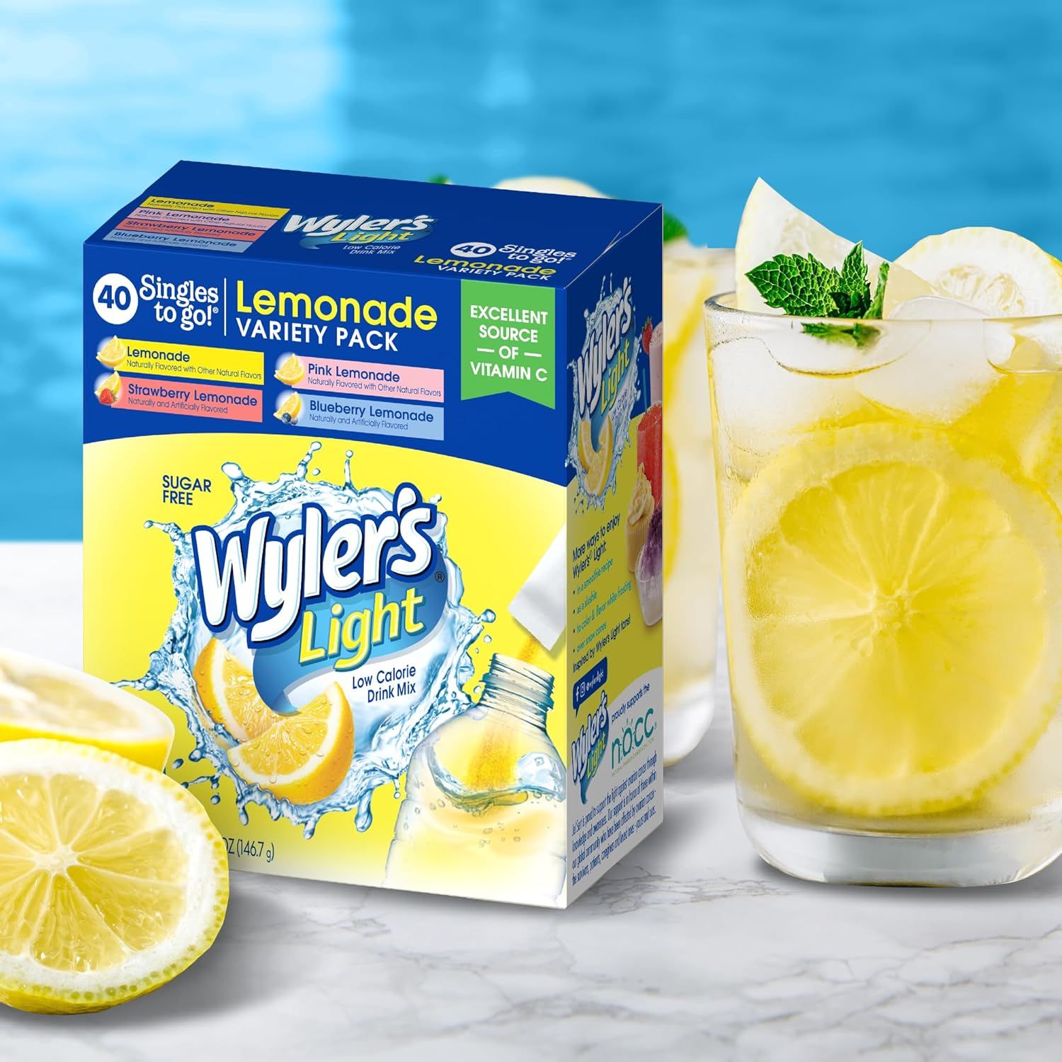 Showcases the product in a real-world lifestyle setting with a prepared lemonade drink to help shoppers visualize the end result and appeal of the product in everyday use.