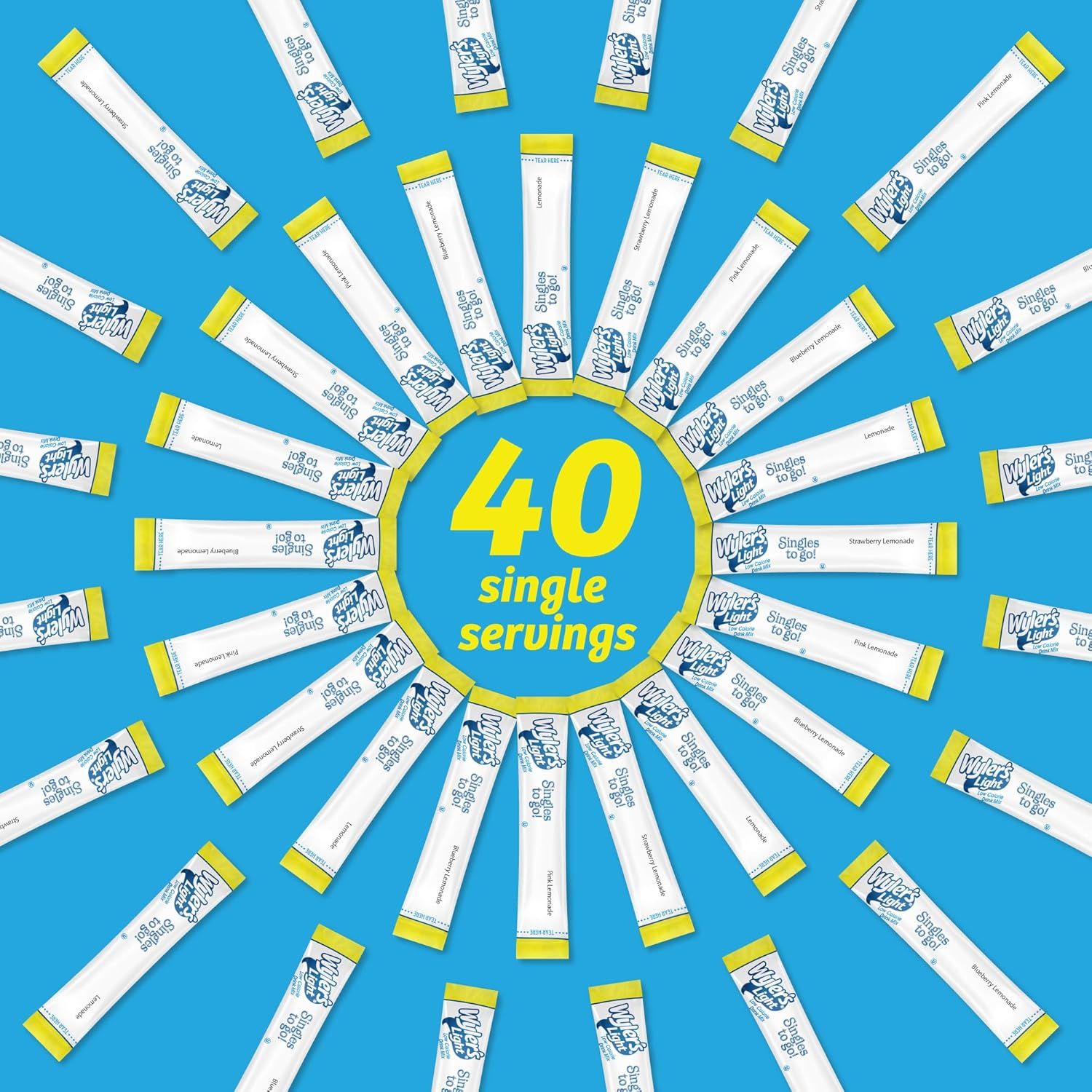 Communicates the quantity and value proposition by prominently displaying that the product contains 40 individual single-serving packets, emphasizing convenience and portion control.
