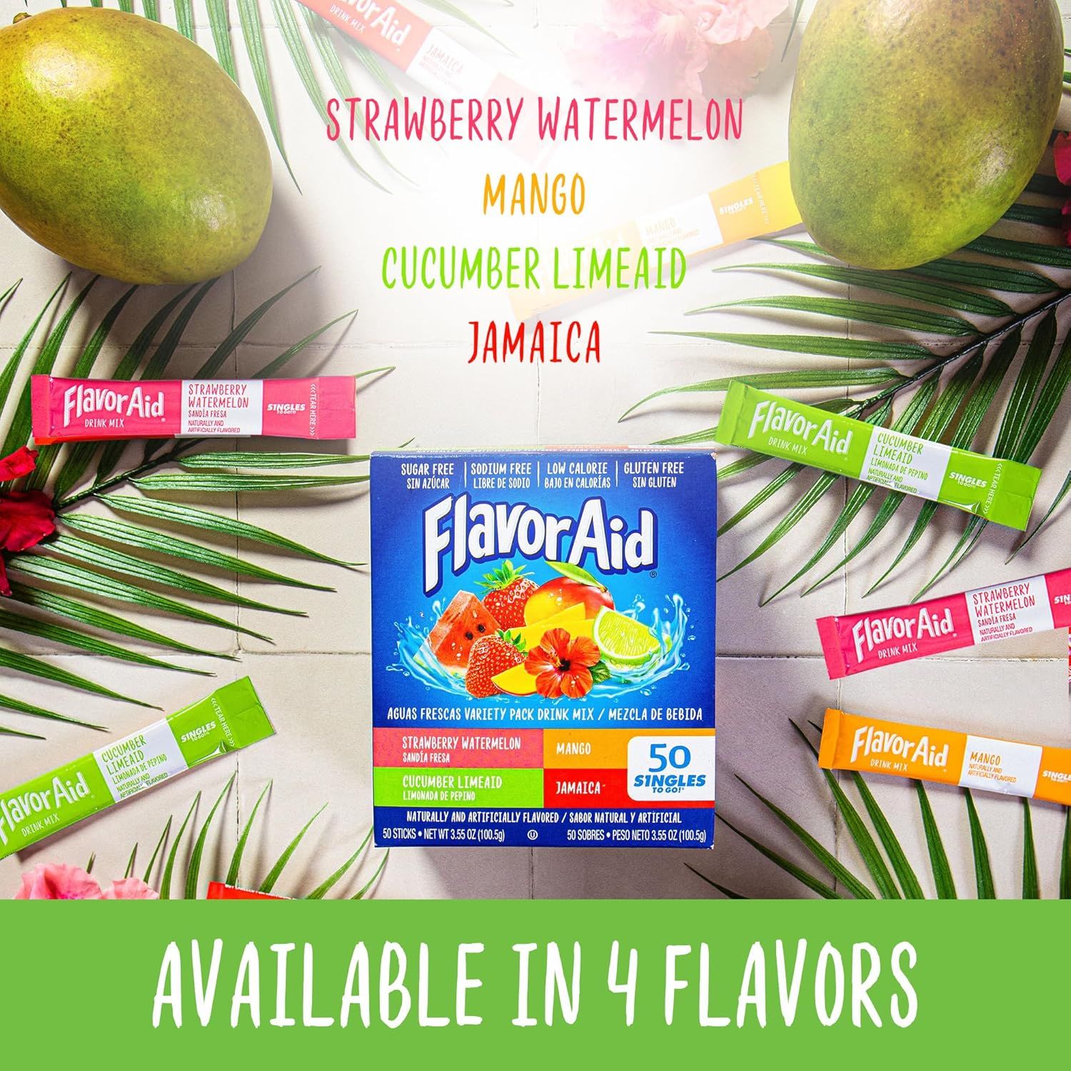 Showcases the brand's product variety by displaying all four available flavors (Strawberry Watermelon, Mango, Cucumber Limeaid, Jamaica) to help shoppers understand their flavor options and choose…