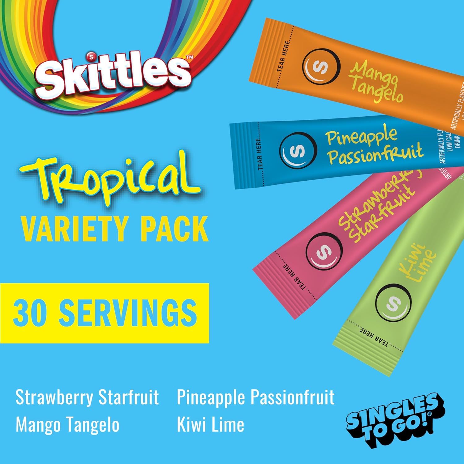 Showcases the brand's tropical variety pack lineup with four different flavor options (Mango Tangelo, Pineapple Passionfruit, Strawberry Starfruit, Kiwi Lime) to help shoppers understand the product…