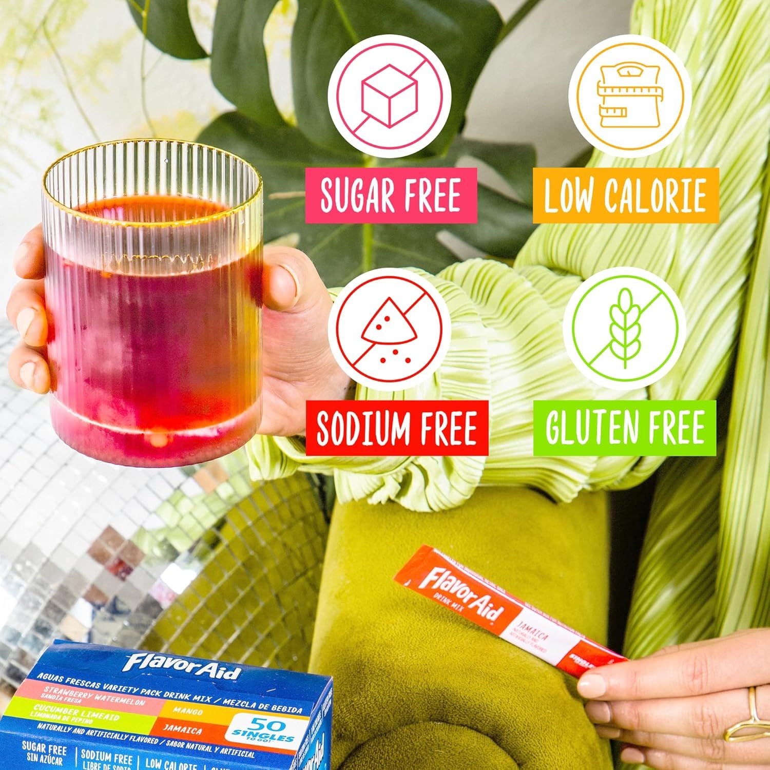 Communicates multiple health-conscious benefits of the drink mix product to appeal to shoppers seeking dietary-friendly beverage options.