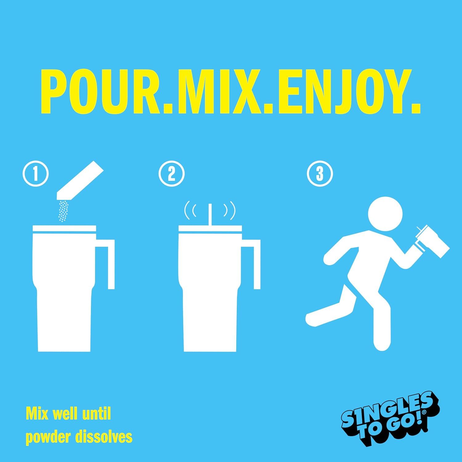 Demonstrates the simple three-step process for using the product: pour the powder, mix it, and enjoy on-the-go, emphasizing ease of use and convenience.