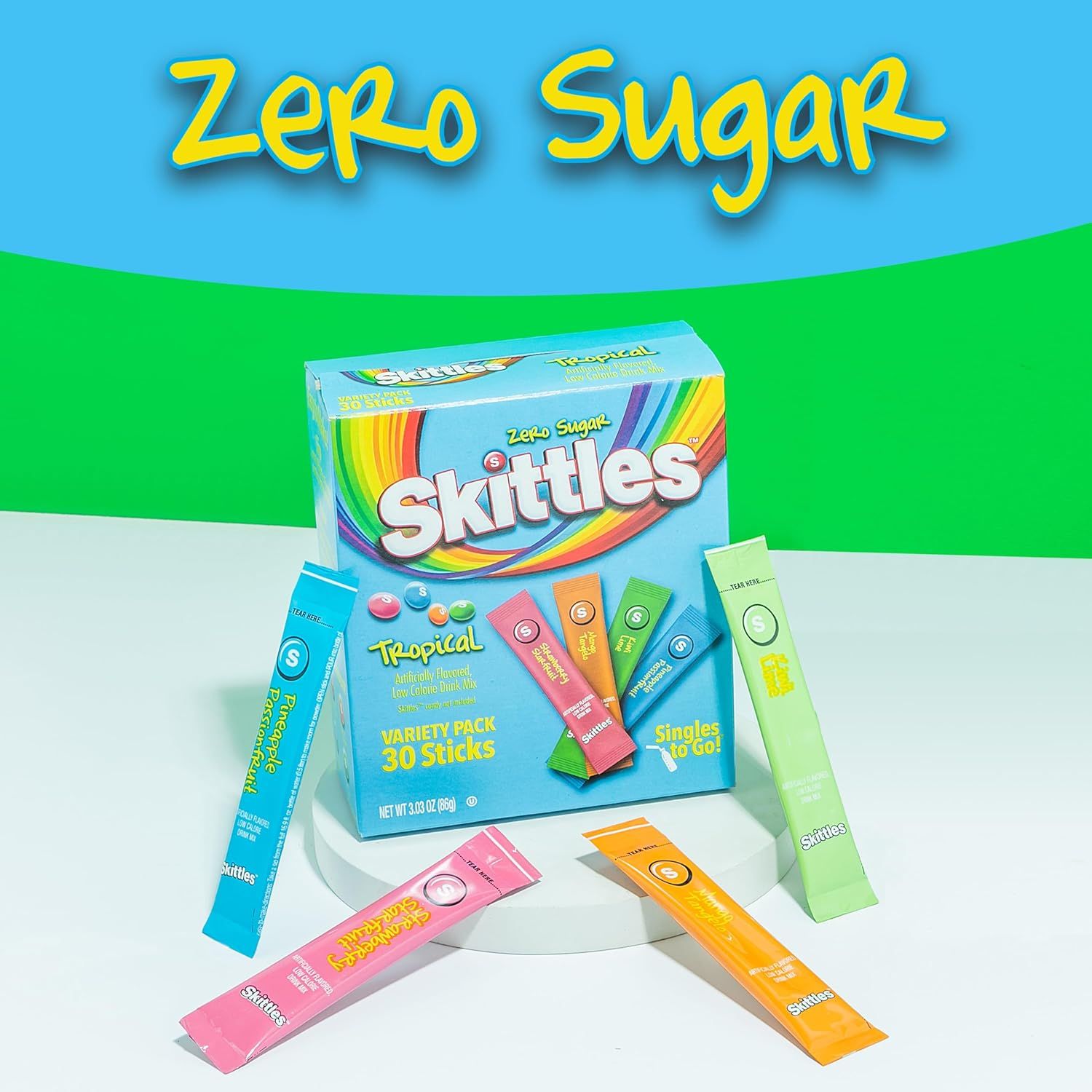 Highlights the zero sugar formulation of Skittles to appeal to health-conscious shoppers looking for a guilt-free candy option.
