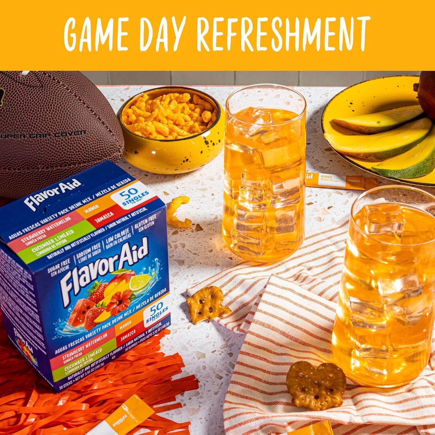 Demonstrates the product's use in a game day or sports viewing context, positioning it as the perfect refreshment for entertaining and social occasions. Shows the product in a real-world game day…