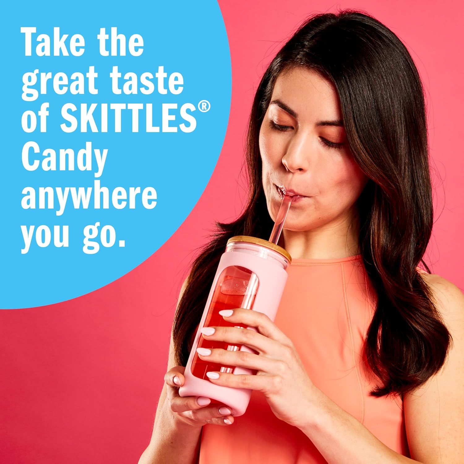 Communicates that the product is portable and convenient, allowing shoppers to enjoy Skittles candy anywhere they go.