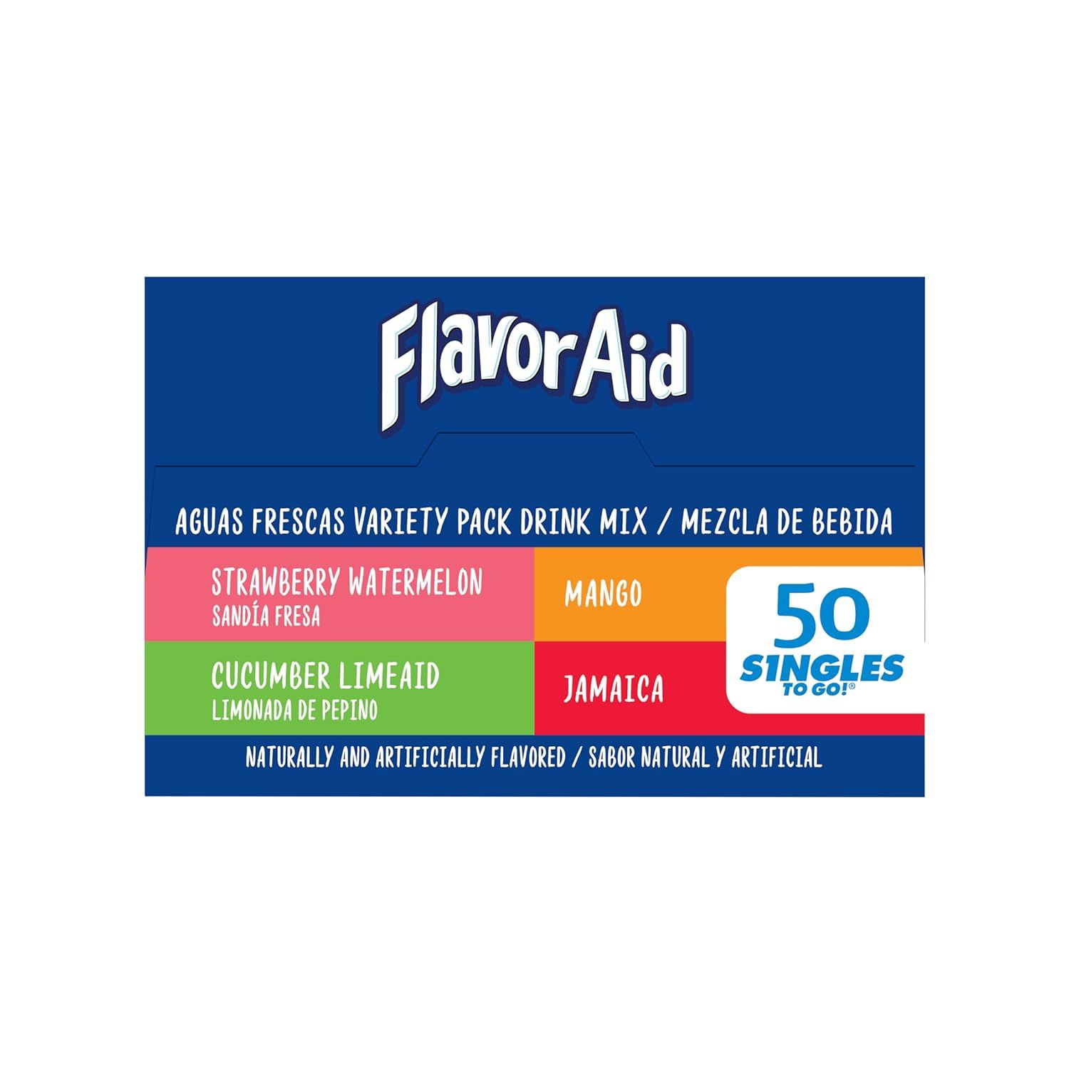Showcases the FlavorAid brand and its variety pack offering with multiple flavor options (Strawberry Watermelon, Mango, Cucumber Limeaid, Jamaica) to help shoppers understand the product lineup and…