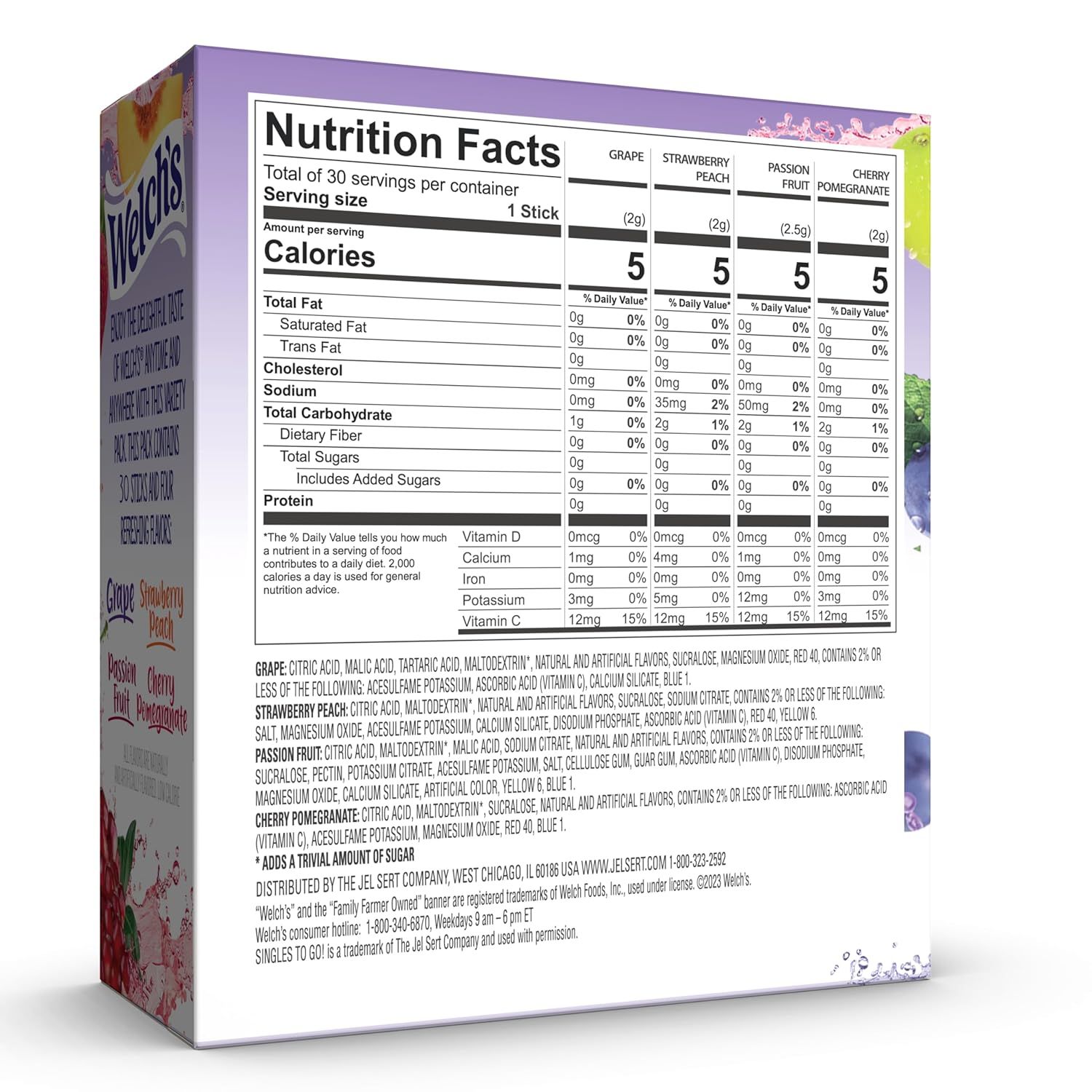 Displays the product packaging on a clean white background to show the nutrition facts panel and ingredient information for multiple flavor variants, helping shoppers make informed dietary decisions.
