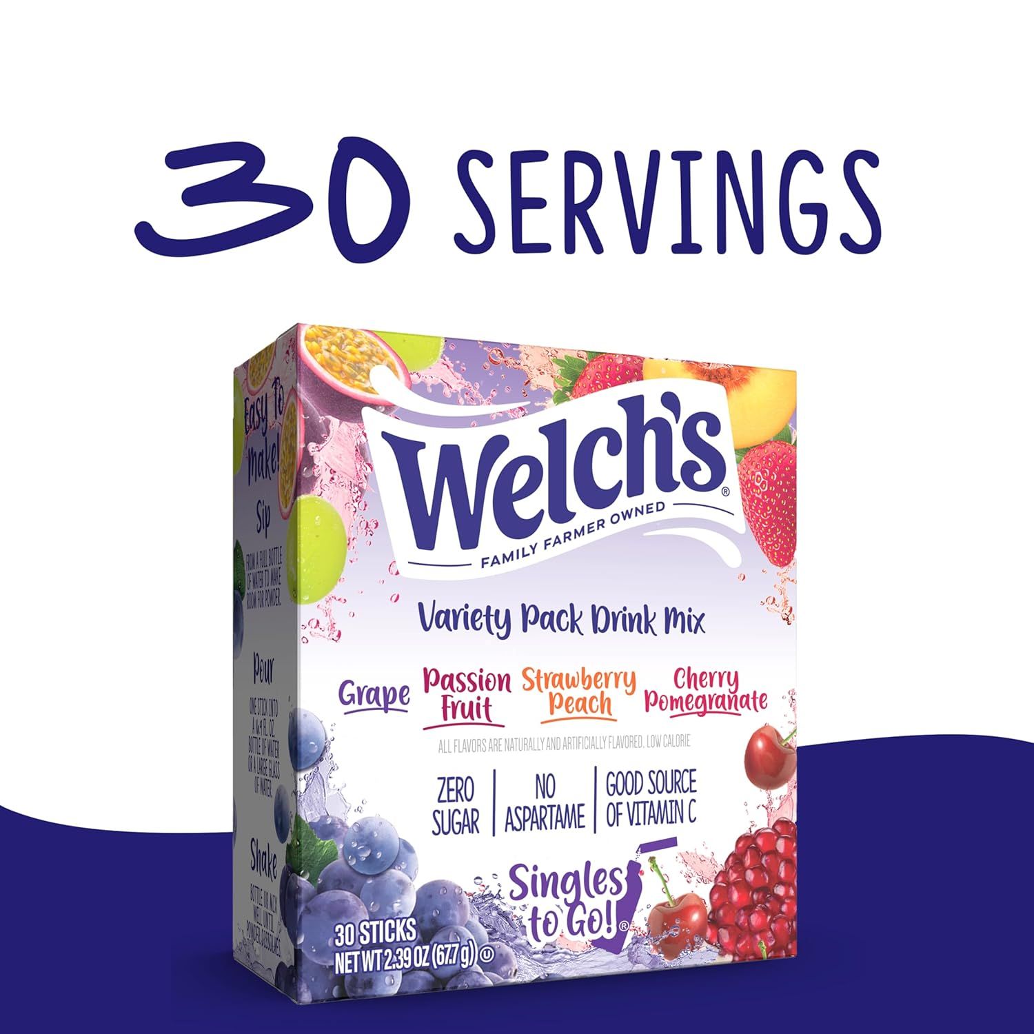 Communicates the quantity value of the product by prominently displaying that the box contains 30 servings, helping shoppers understand the package size and value. Reinforces the value proposition…