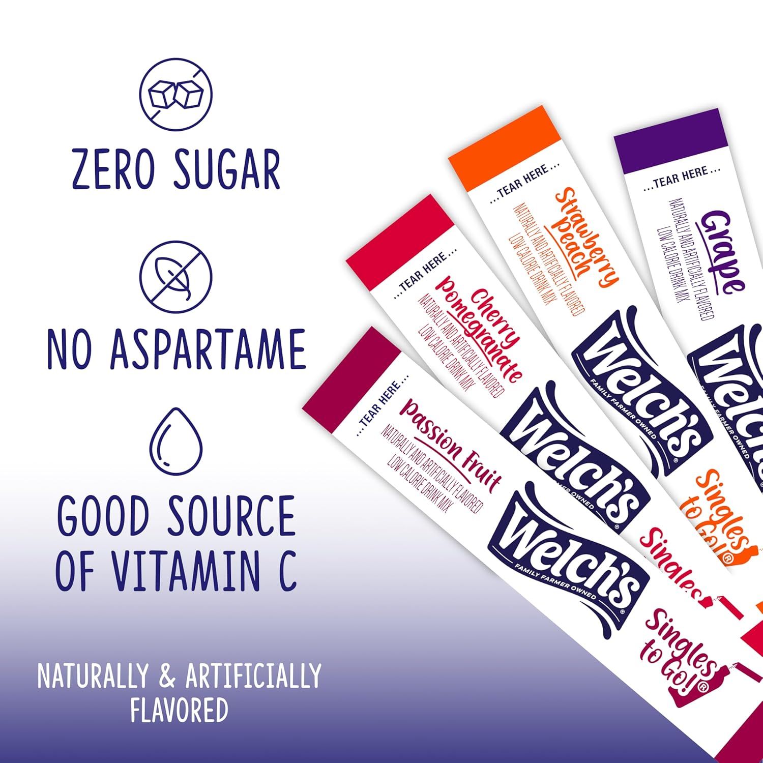 Communicates multiple health-conscious benefits and product attributes to reassure shoppers that the product is a healthier alternative with no sugar or aspartame while providing vitamin C.