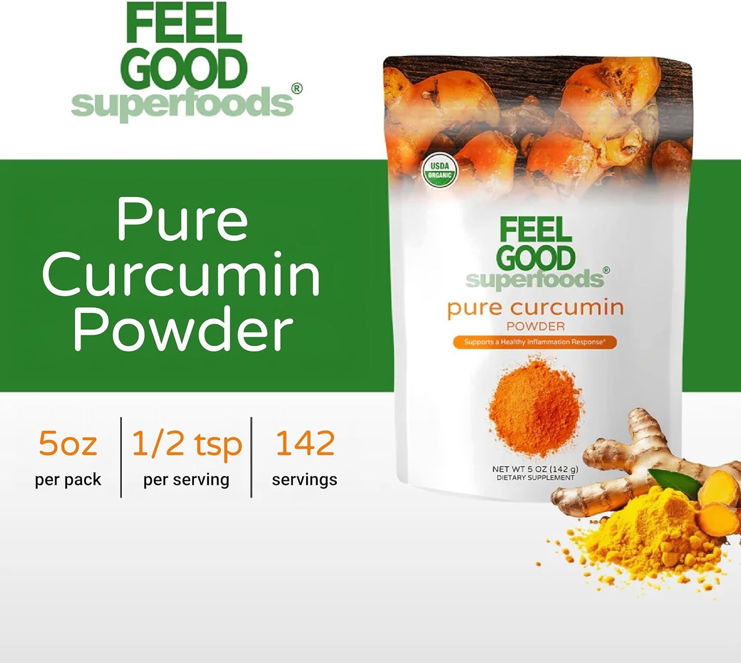 Communicates the primary health benefit of the curcumin powder while providing key product information like serving size and quantity to help shoppers understand value and usage.