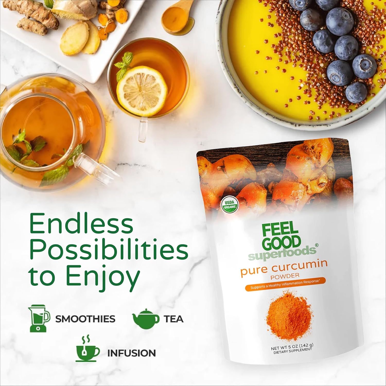 Demonstrates the versatility of the curcumin powder by showing three different ways to consume it (smoothies, tea, and infusions), reassuring shoppers that the product can fit into their lifestyle…