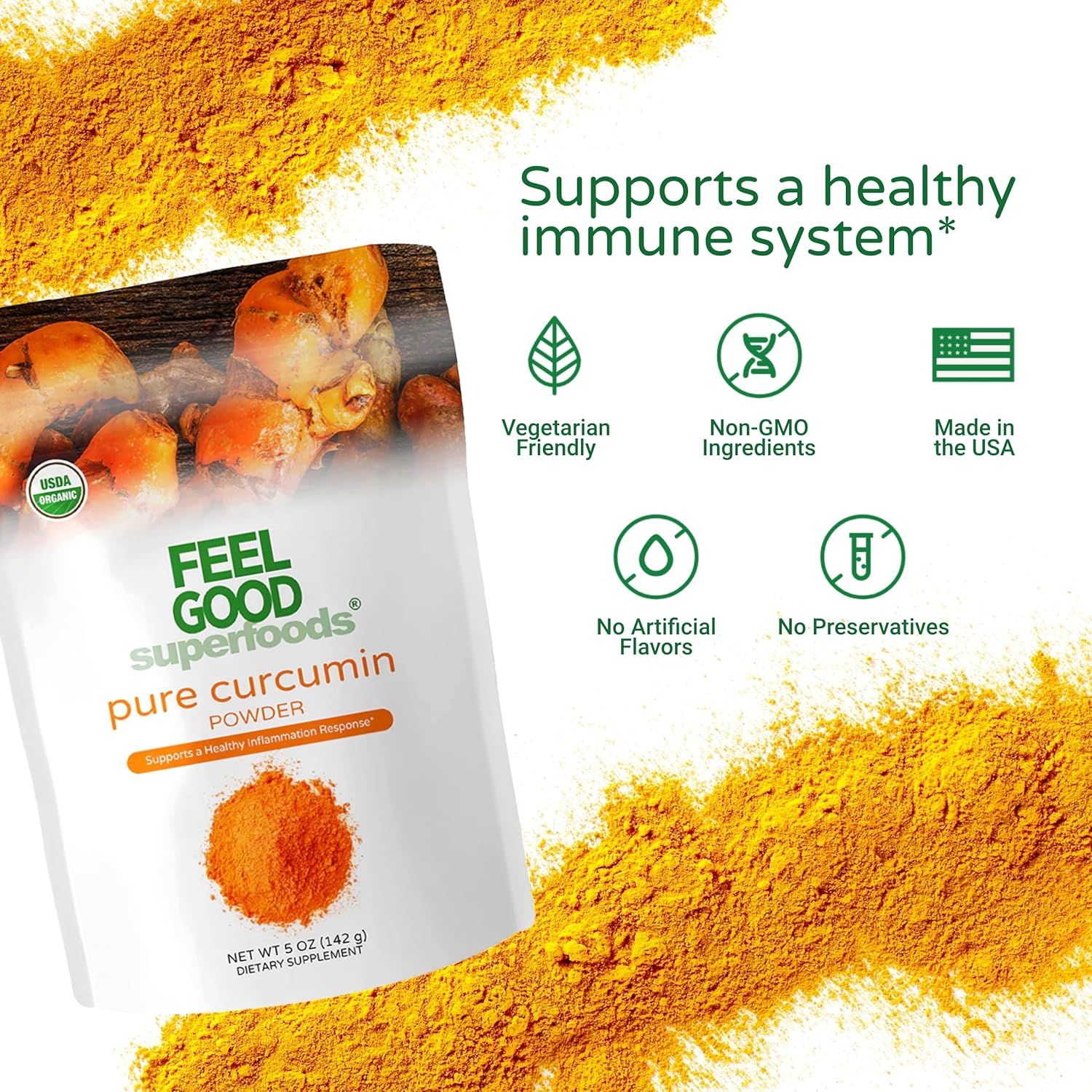 Communicates multiple product benefits and certifications in a segmented icon layout to reassure shoppers about the product's health benefits, quality, and clean ingredient profile.