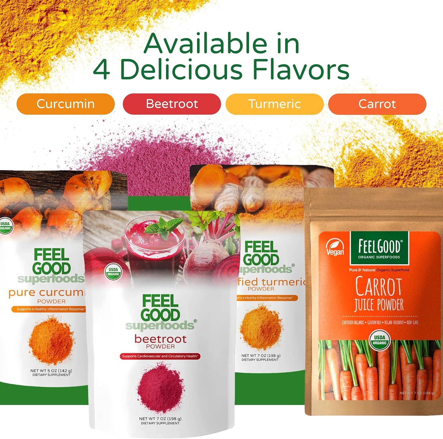 Showcases the brand's product portfolio by displaying all four available flavor options (Curcumin, Beetroot, Turmeric, Carrot) to help shoppers understand the variety and choose their preferred…