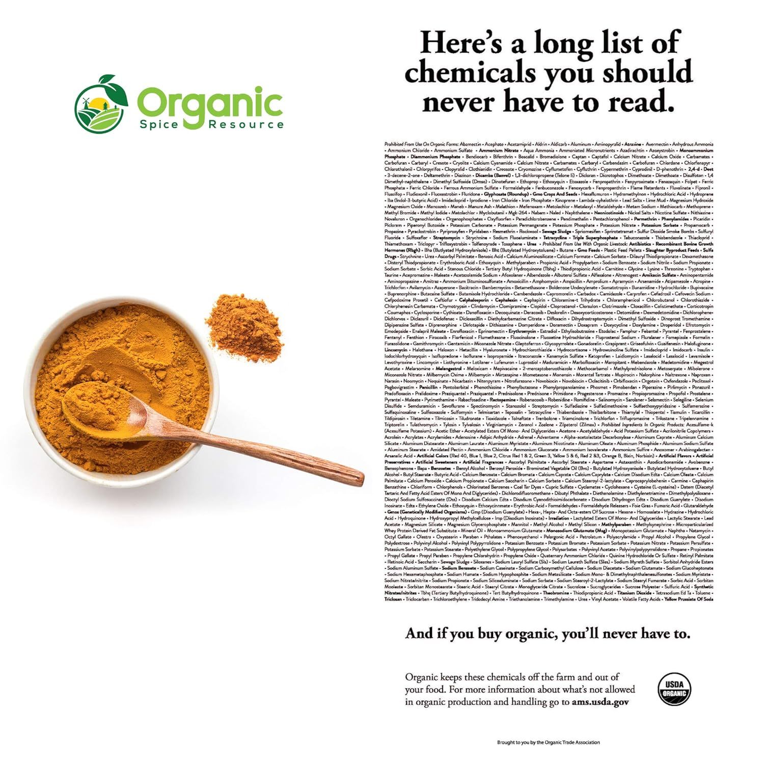 Communicates that buying organic products keeps harmful chemicals out of food, reassuring shoppers about safety and environmental responsibility through USDA organic certification.