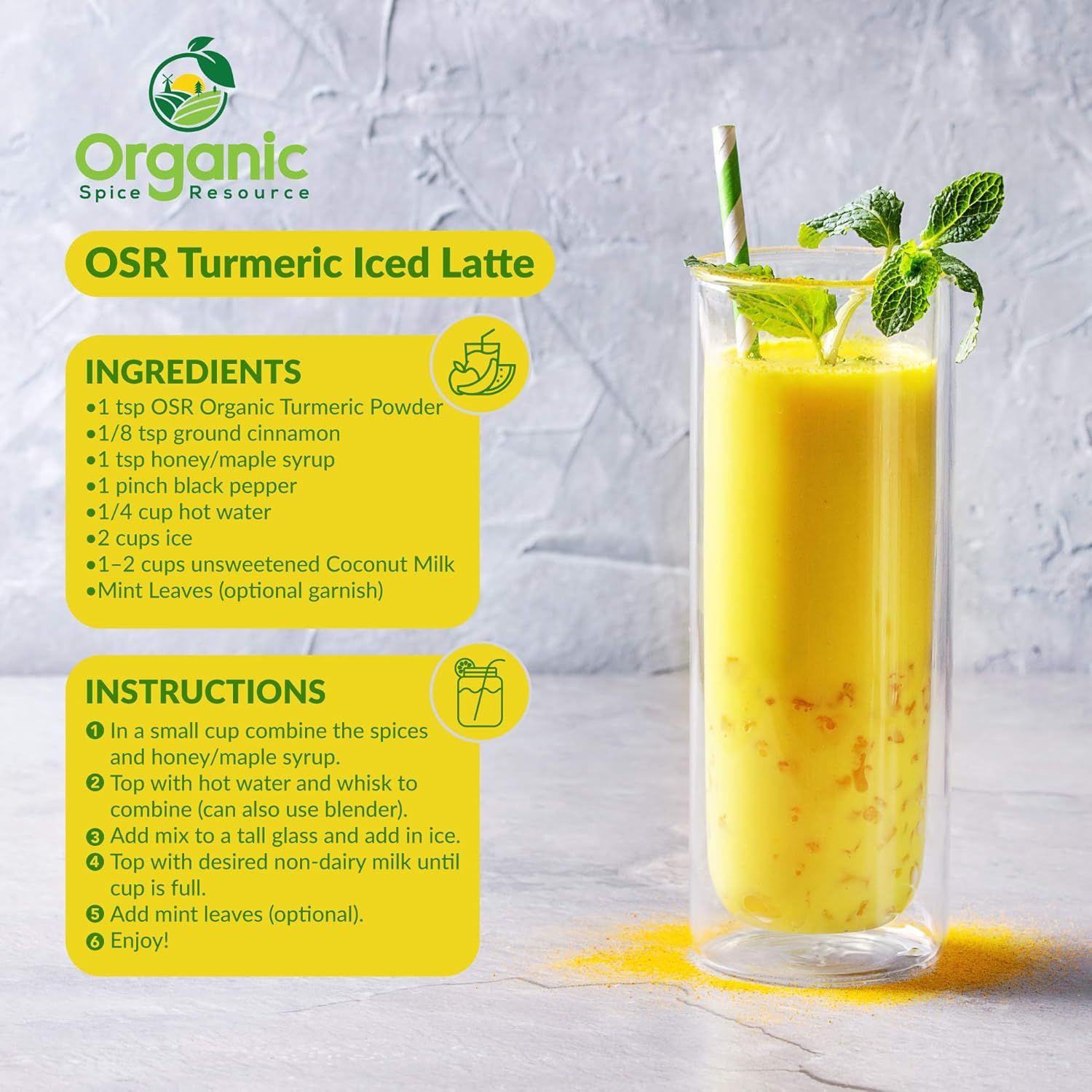 Provides a complete recipe with ingredients and step-by-step instructions to show shoppers how to make a turmeric iced latte using the brand's organic turmeric powder, demonstrating product…