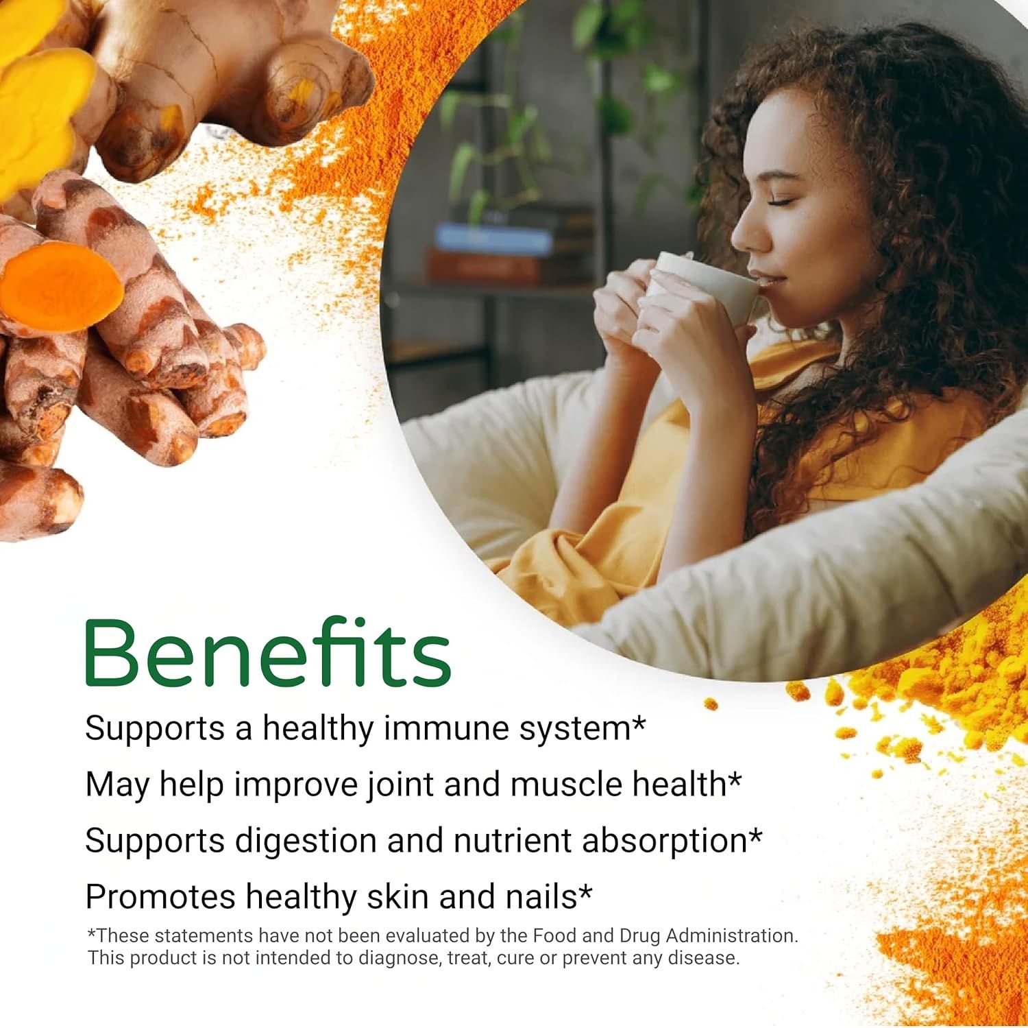 Communicates multiple health benefits of the product (likely turmeric/ginger supplement) to show shoppers the comprehensive wellness value it provides.