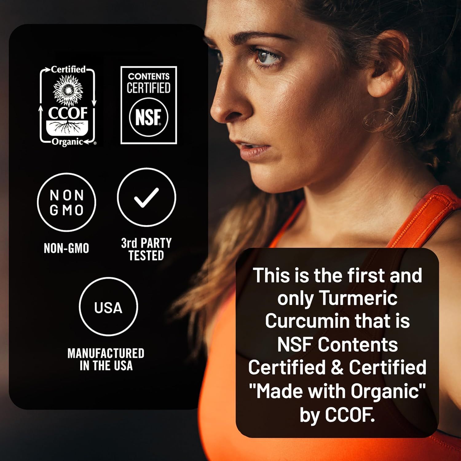 Communicates the product's safety, quality, and environmental responsibility through multiple certifications and claims, reassuring shoppers that this turmeric curcumin is organic, tested, and…