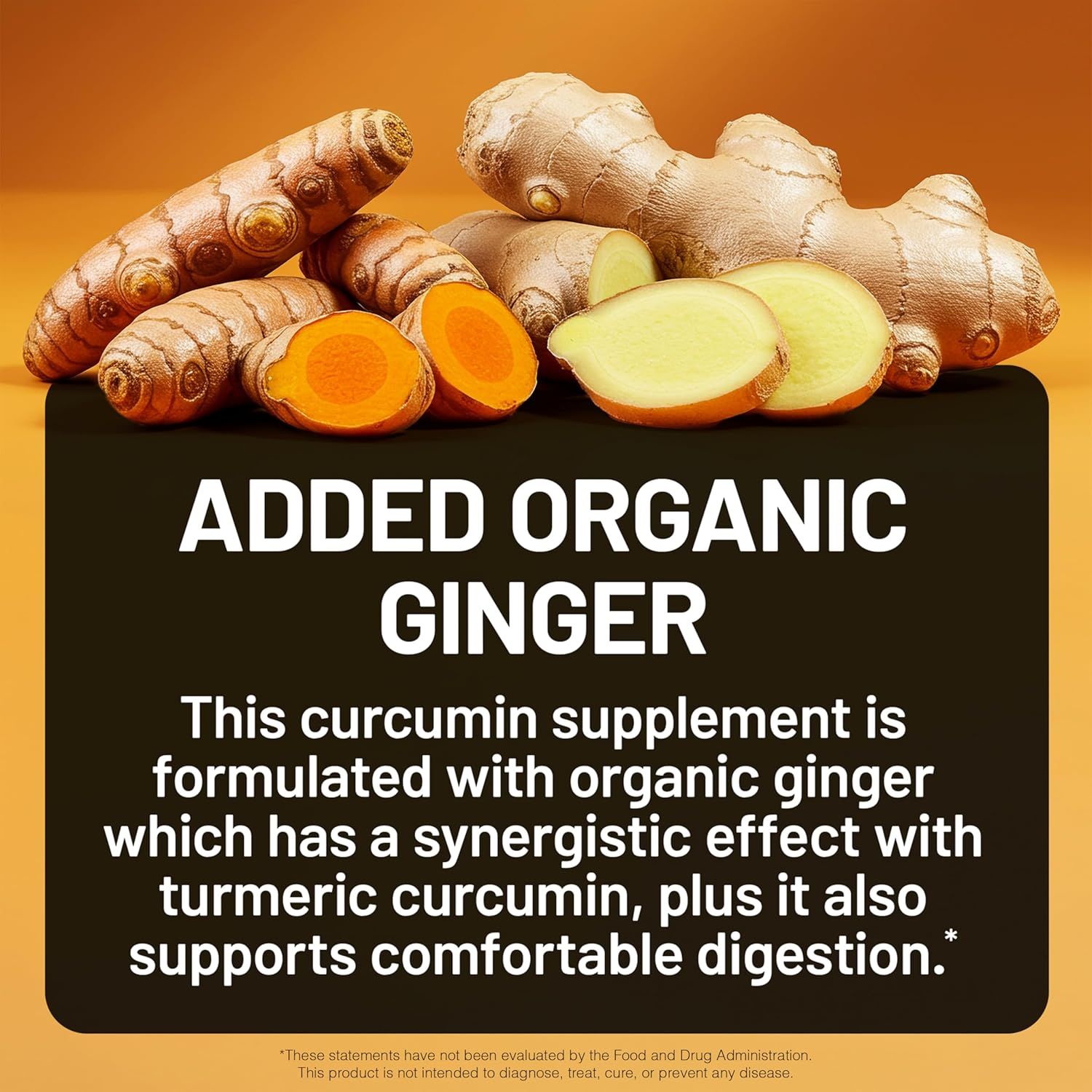 Highlights the inclusion of organic ginger as a key ingredient that works synergistically with turmeric and supports comfortable digestion, reassuring shoppers about the product's natural…