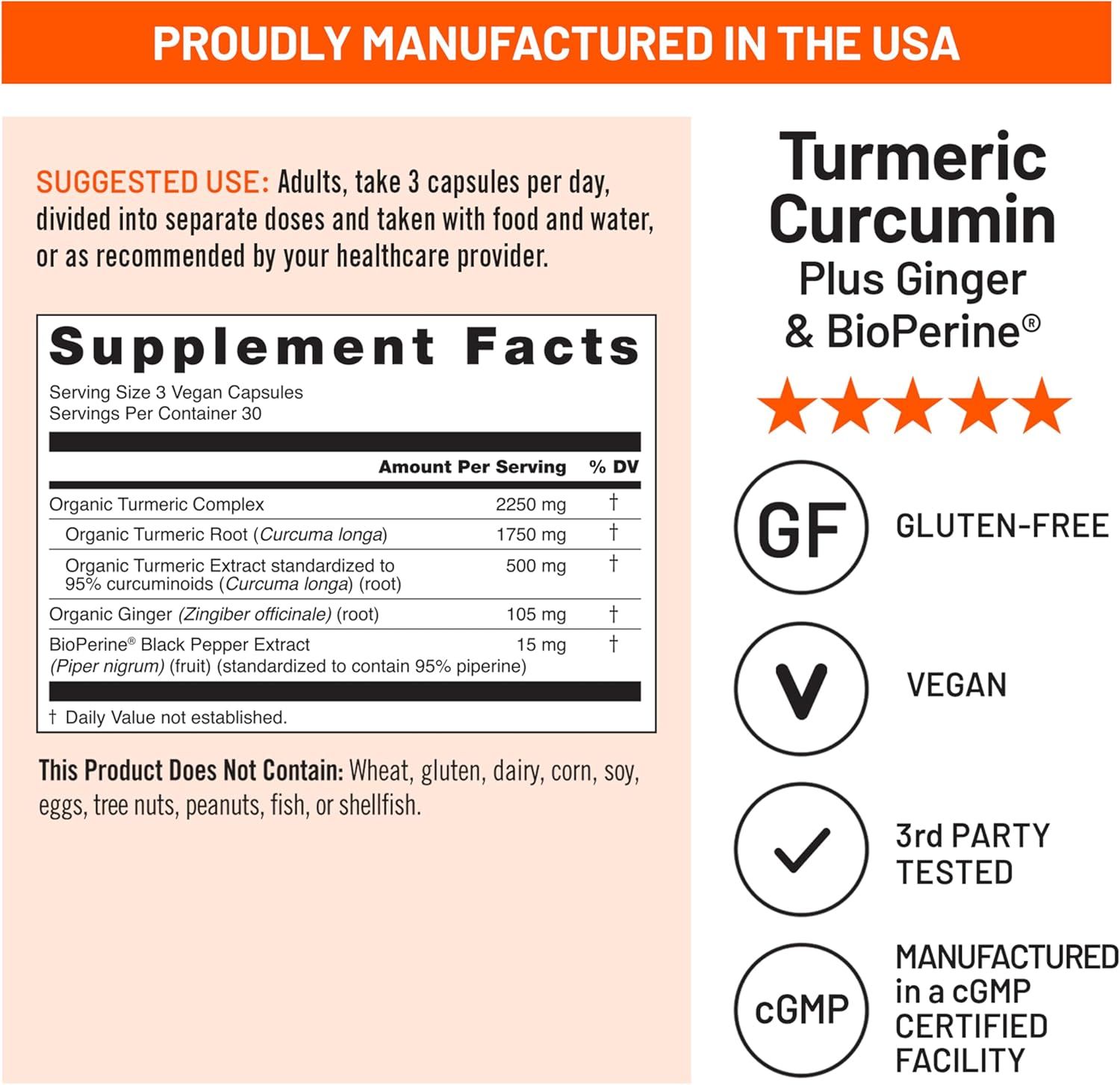 This image communicates multiple product benefits and certifications in a segmented layout, reassuring shoppers about quality, dietary compatibility, and manufacturing standards while providing…