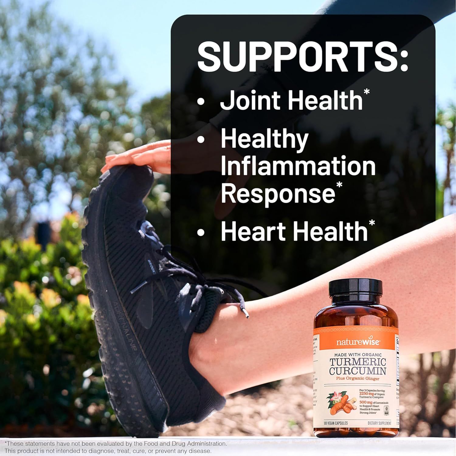 Communicates multiple health benefits of the turmeric supplement in a bulleted list format to show shoppers the comprehensive wellness support the product provides.