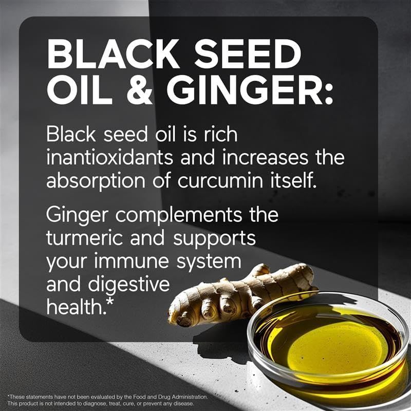 Explains the complementary health benefits of two key ingredients (black seed oil and ginger) to communicate the product's multi-ingredient wellness value proposition.