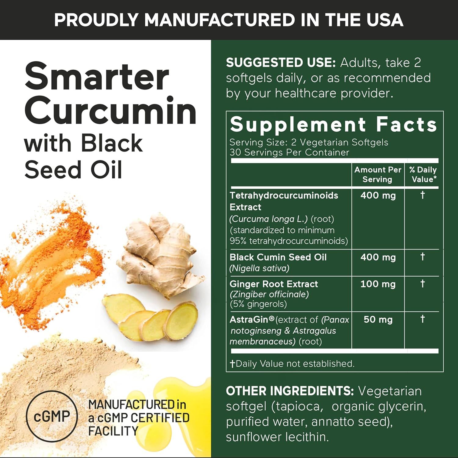 Communicates the comprehensive supplement formula with multiple active ingredients and quality certifications to reassure shoppers of the product's efficacy and manufacturing standards.