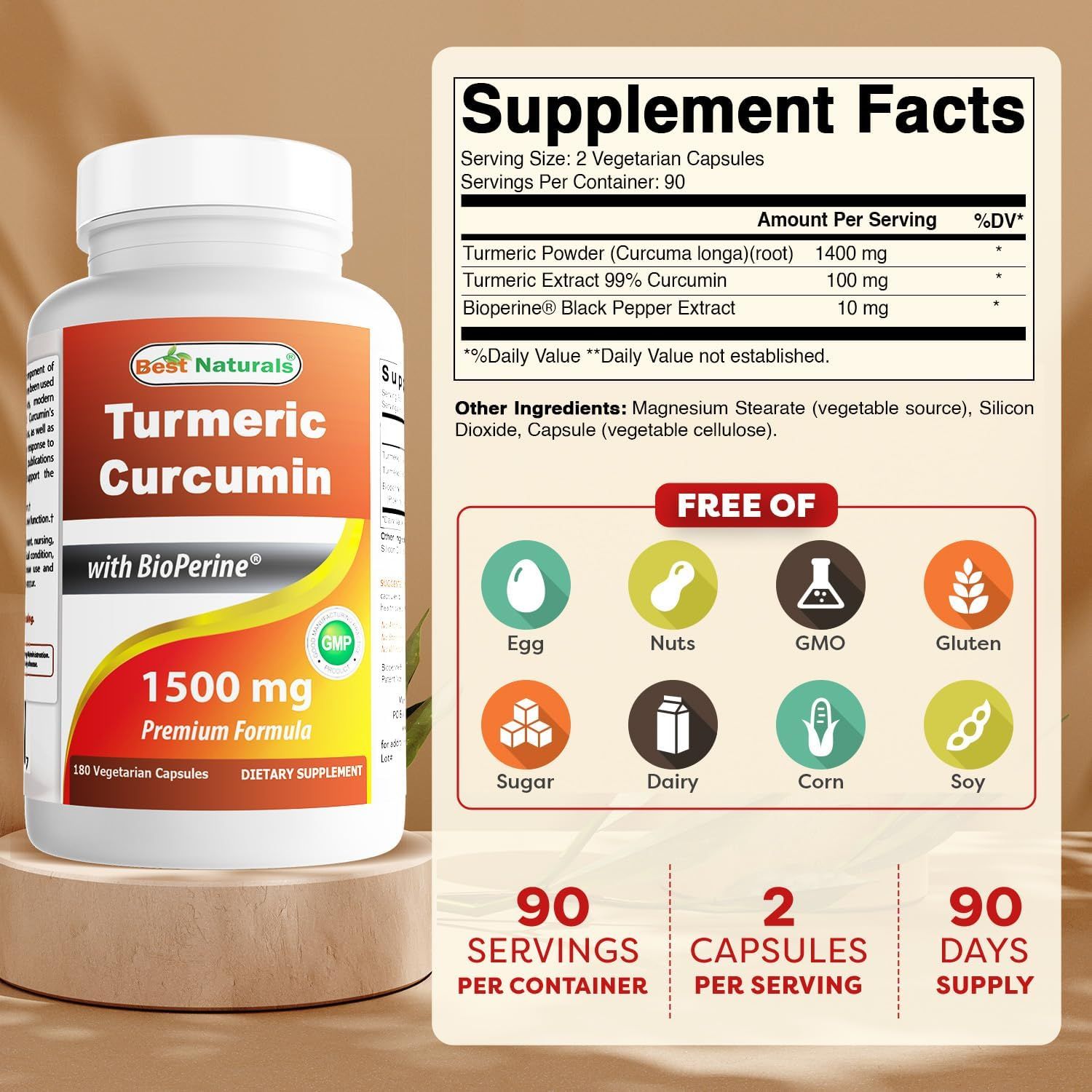 This image communicates multiple distinct product benefits in a segmented layout: detailed supplement facts and dosage information, allergen-free certifications (egg, nuts, GMO, gluten, sugar,…