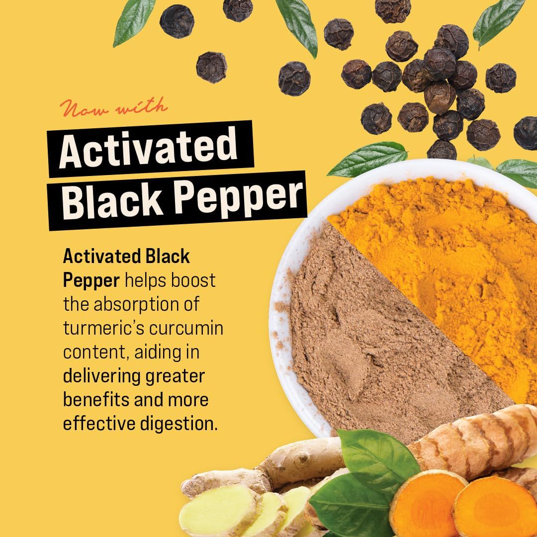 Communicates that the product contains activated black pepper to boost curcumin absorption from turmeric, delivering greater health benefits and more effective digestion.