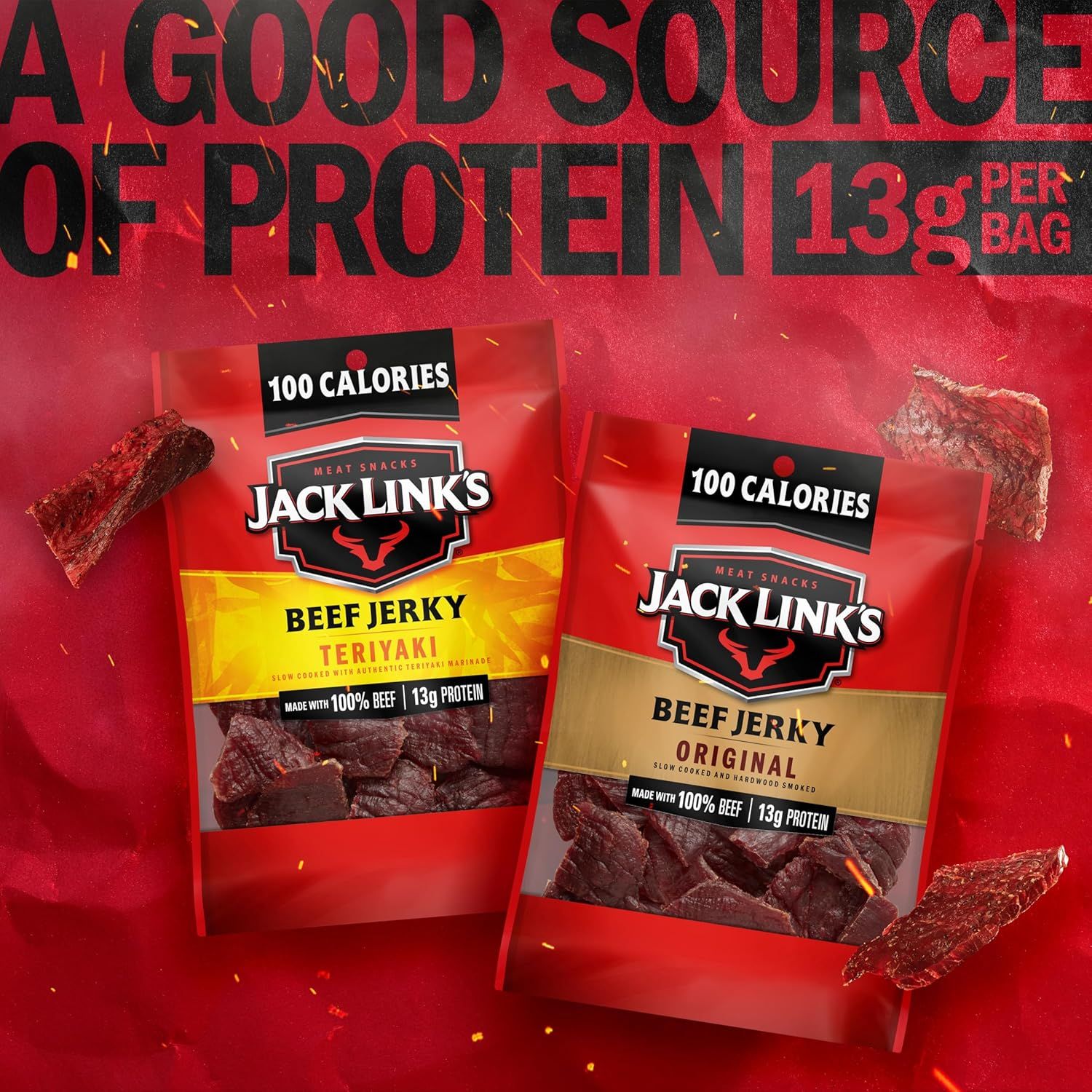 Showcases the Jack Link's brand and its product line by displaying two flavor variants (Teriyaki and Original) side-by-side, helping shoppers understand the available options within the brand's beef…