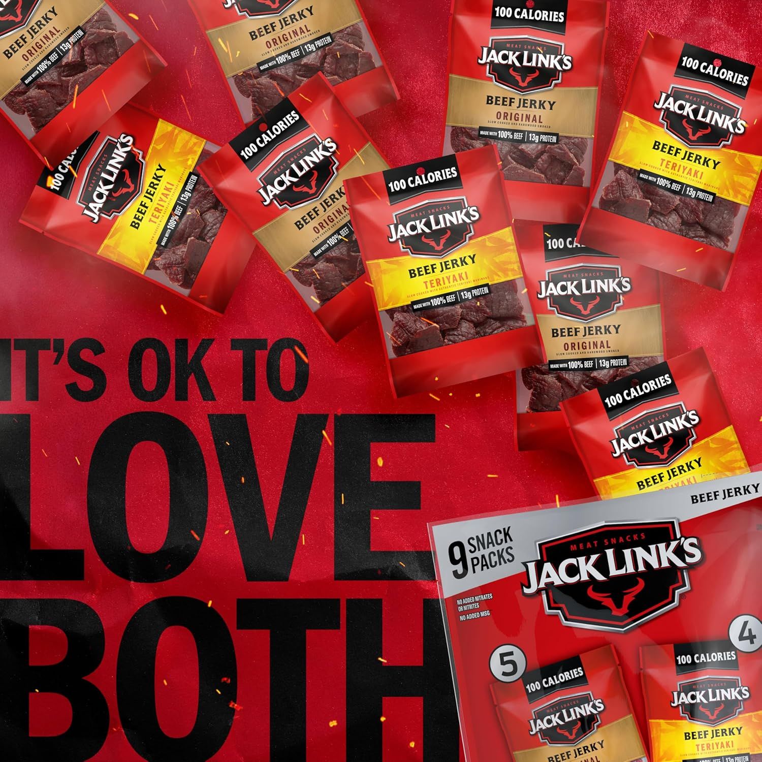 Showcases the Jack Link's brand and its variety of beef jerky products (Original, Teriyaki) to help shoppers understand the product line options and build brand recognition.